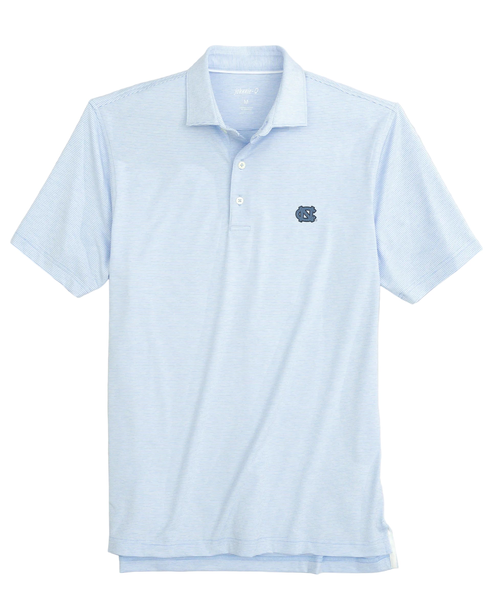 A light blue, striped performance polo with a three-button front and an embroidered logo on the center back yoke.