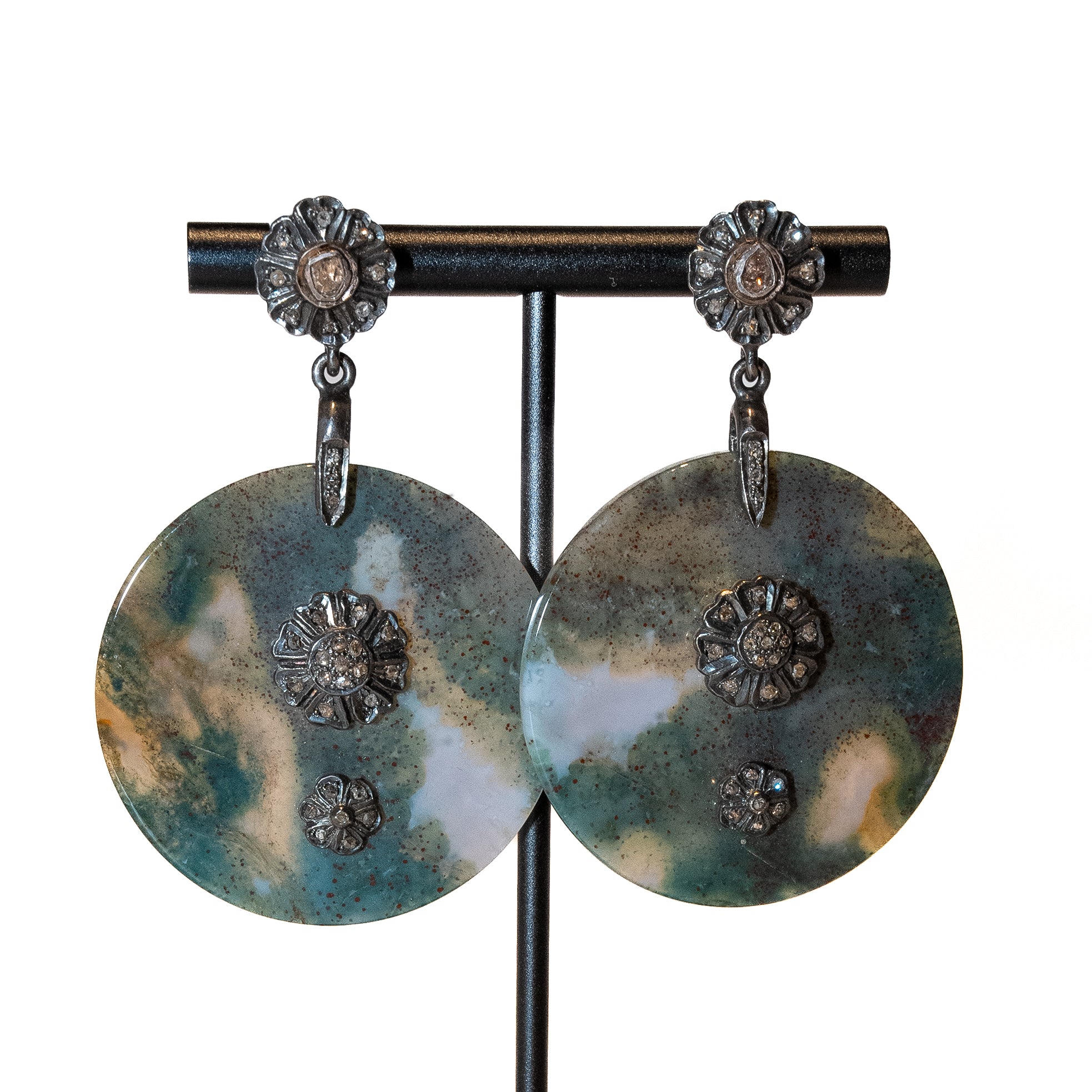 Green Disk and Pave Flower Earring