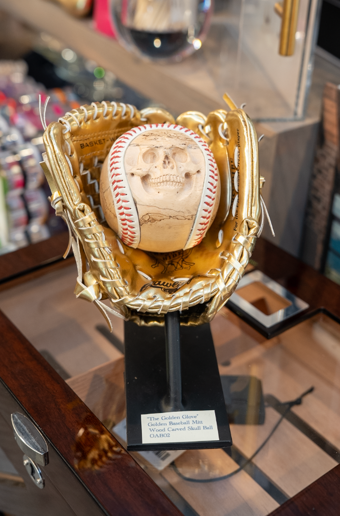 Golden Baseball Mitt & Wood Carved Skull Baseball with Stand