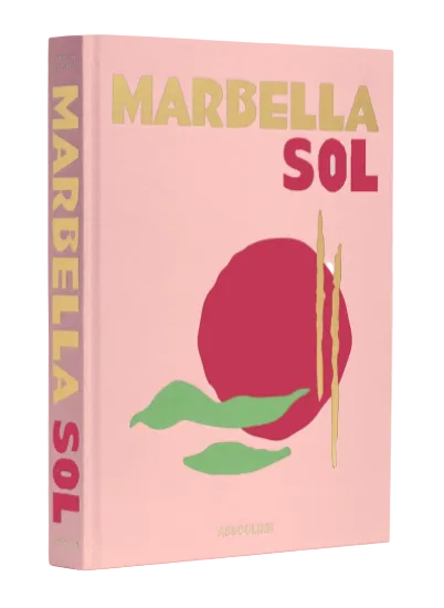 Book titled 'Marbella Sol' with a pink cover and graphic design on a white background