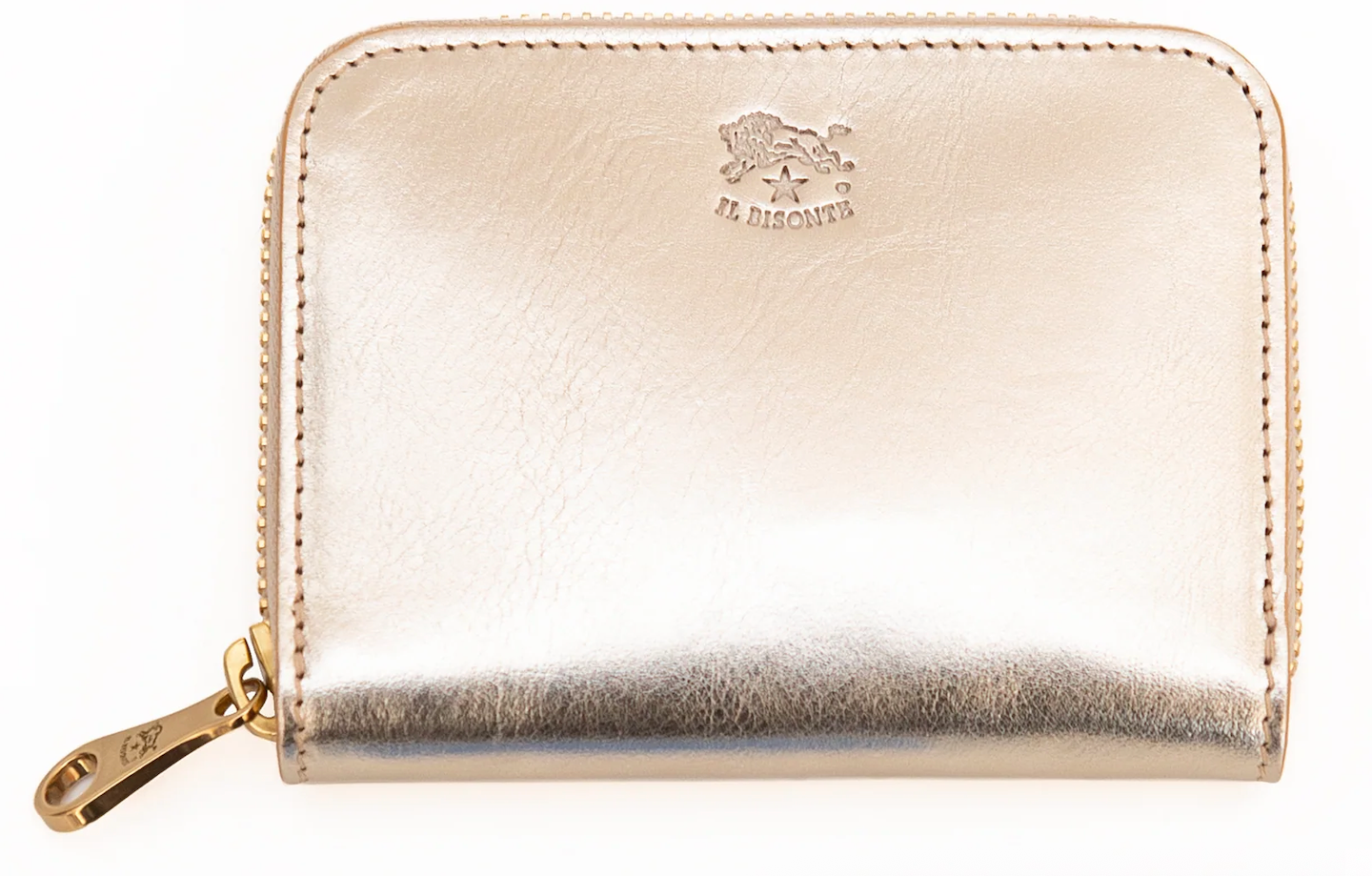 A metallic champagne-gold zip-around wallet with a debossed St. Hilaire logo on the front, shown on a plain white background.