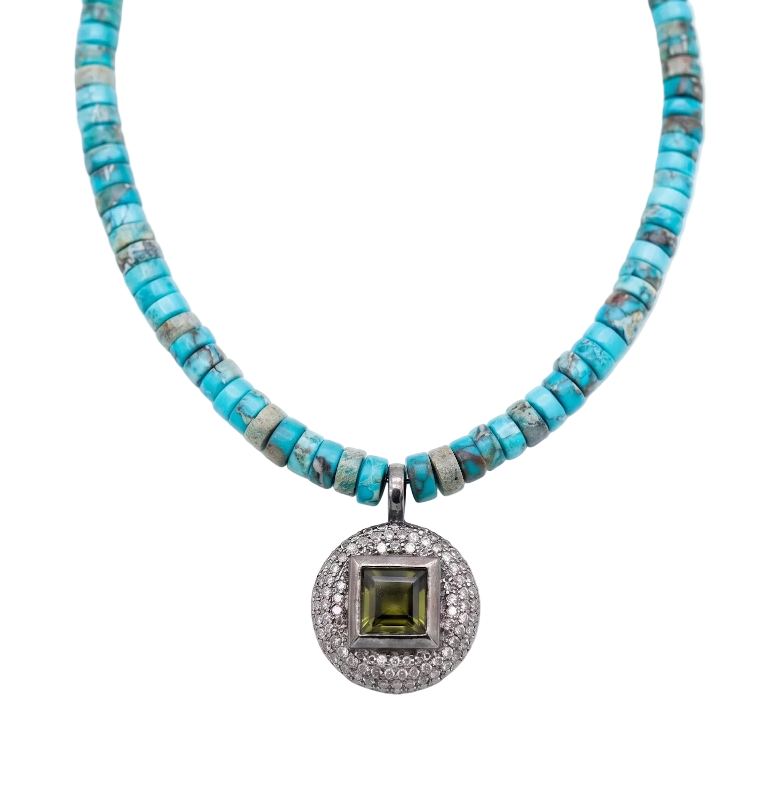 CIRCLE SQUARE TOURMALINE PENDANT ON TURQUIOSE NECKLACE