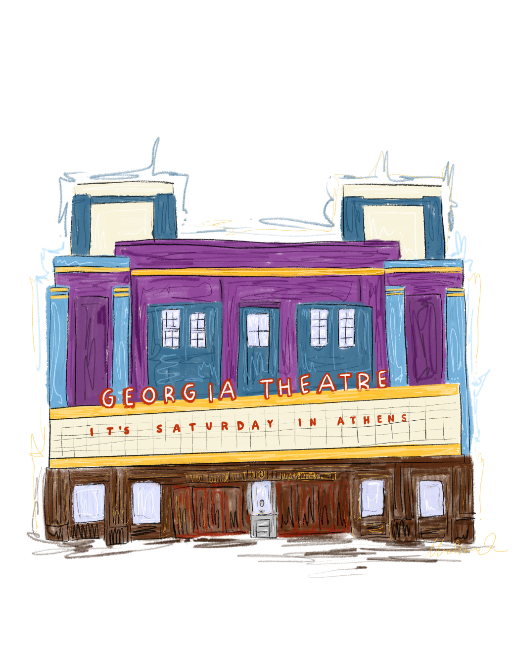 A vertical art print featuring a hand-drawn illustration of the Georgia Theatre in Atlanta, displayed against a solid pink background.