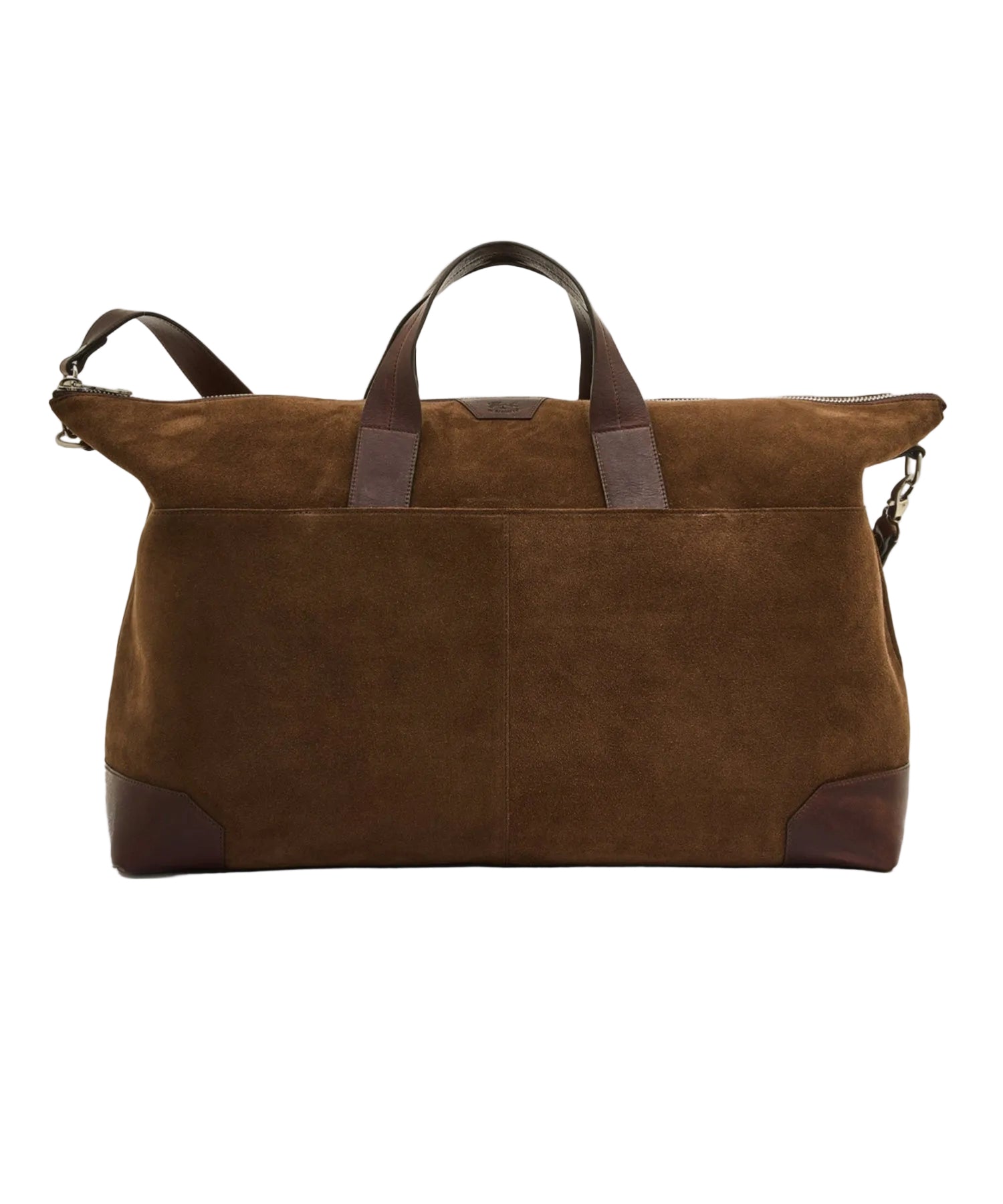 Brown leather bag with handles on a white background