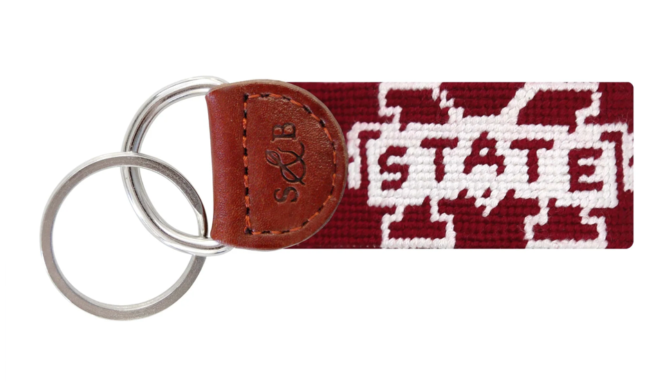 Keychain with brown leather strap and 'STATE' pattern on a white background