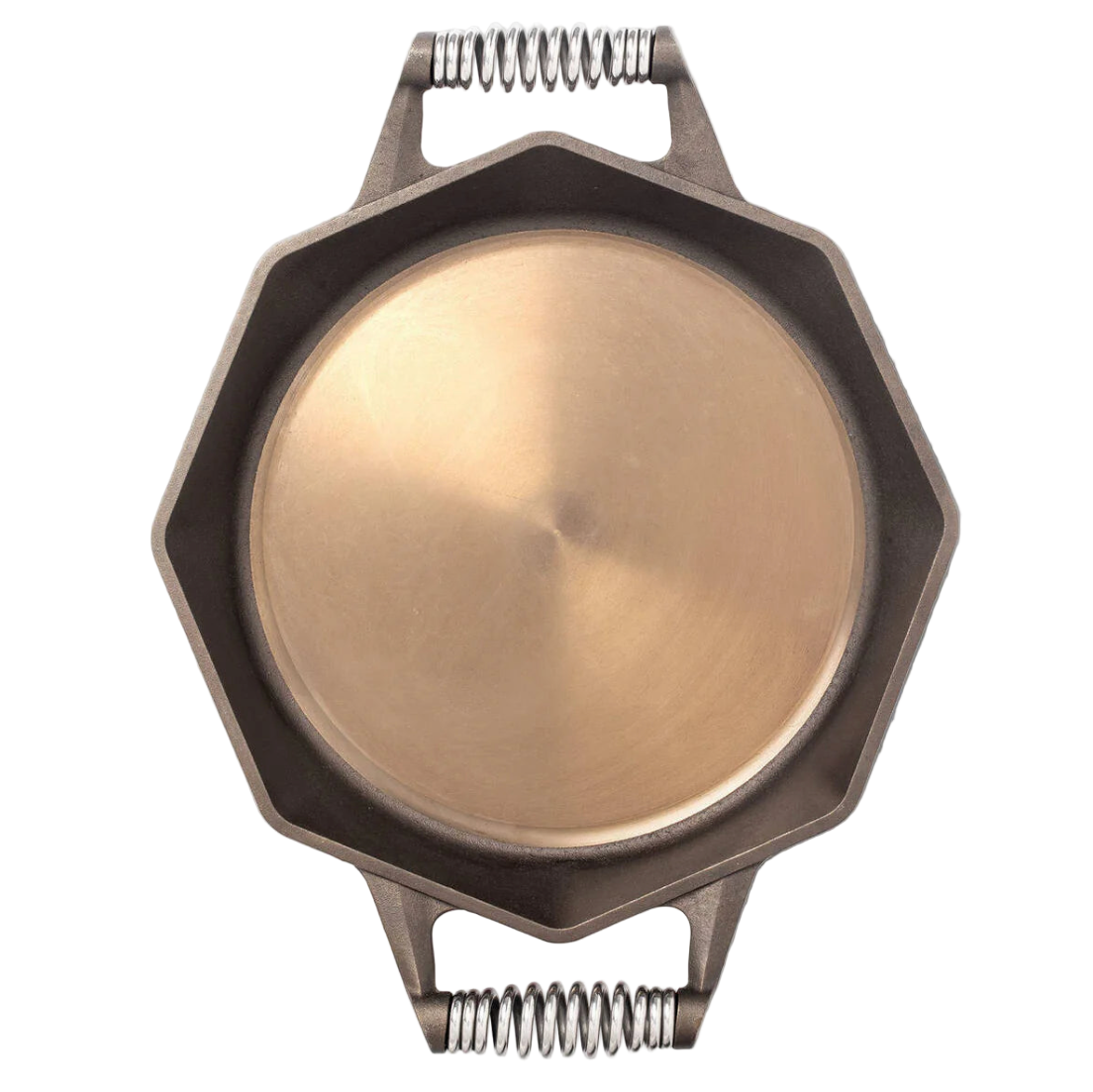 Finex with a circular brass-like center and metal frame on a white background.