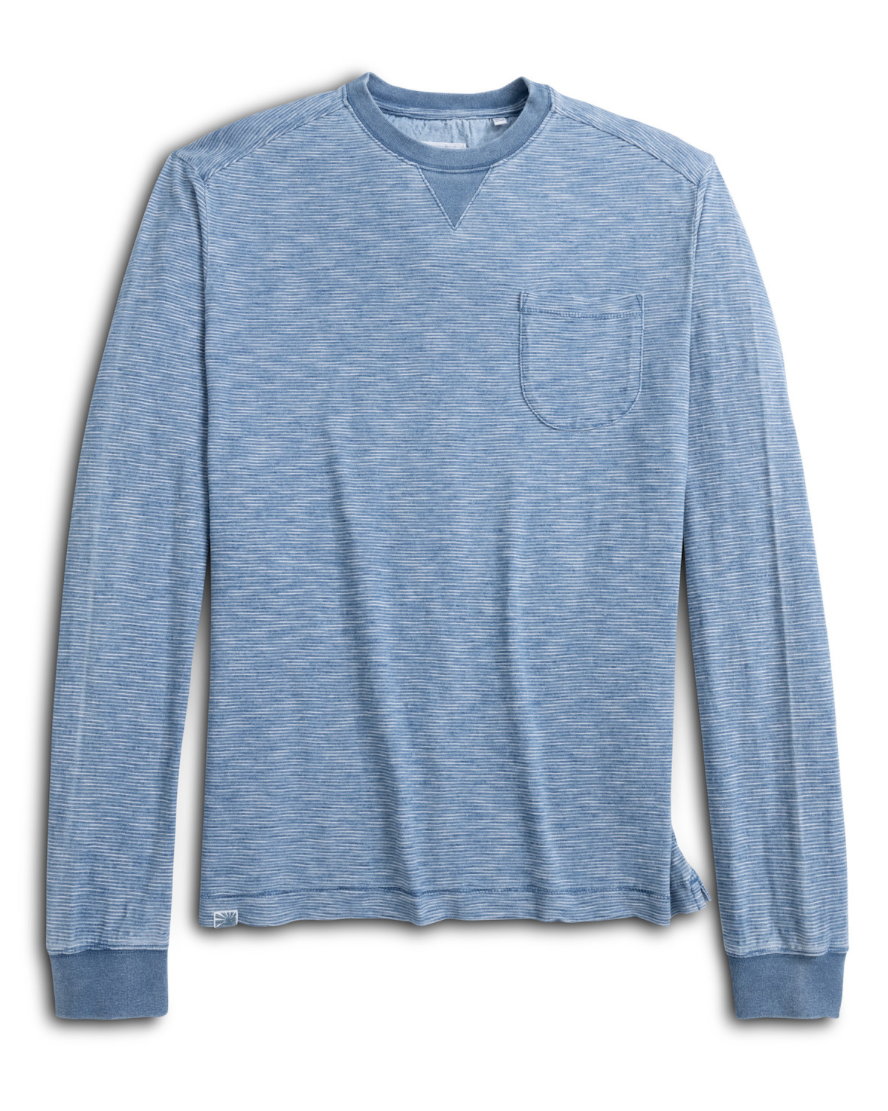 Blue long-sleeve shirt with a pocket on a white background