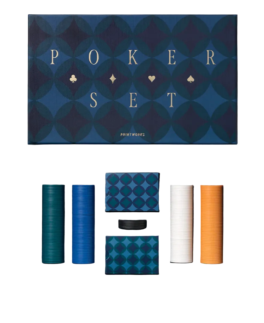 Poker set packaging with blue and orange chips on a white background