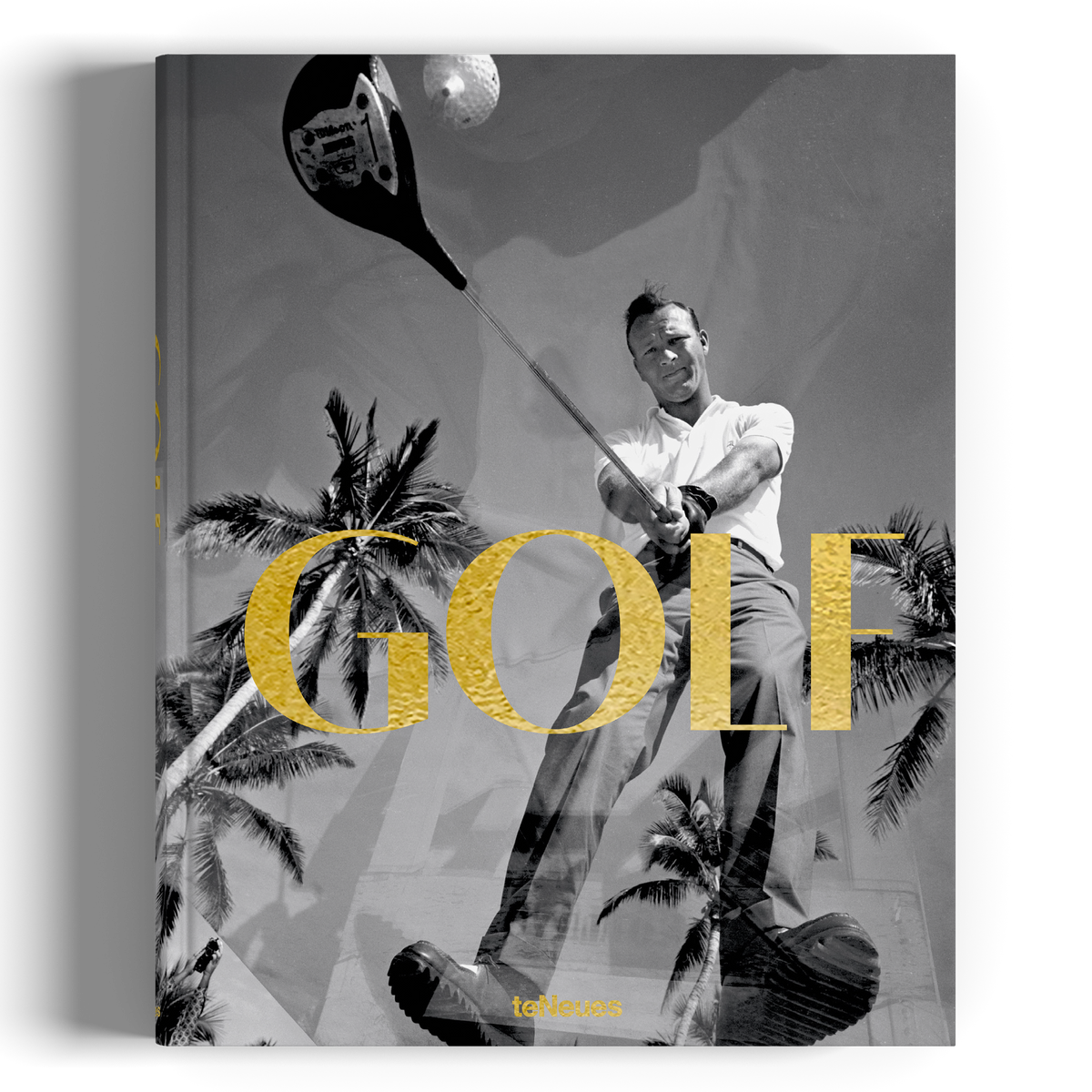 Book cover with a golfer and palm trees, featuring the word 'GOLF' in gold.