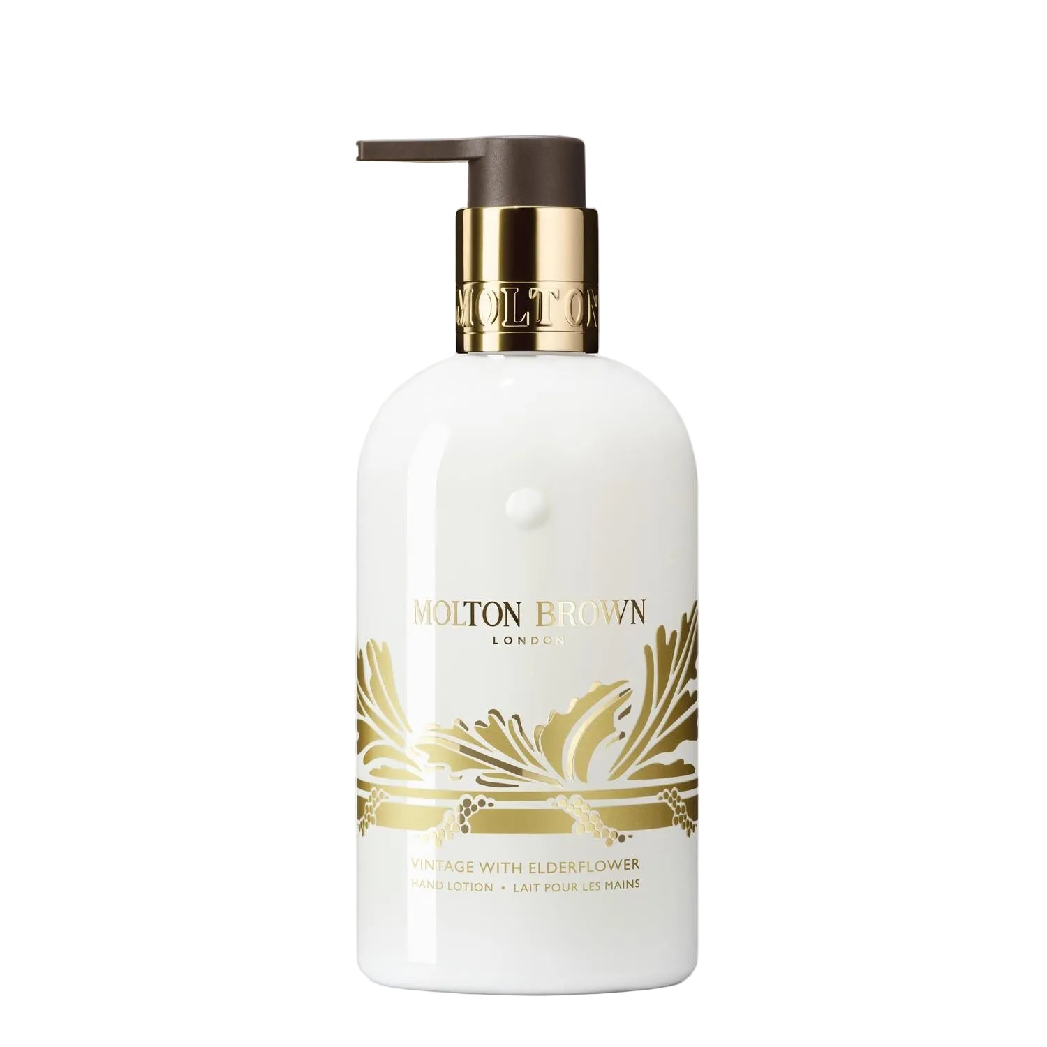 Molton Brown lotion bottle with gold accents on a white background