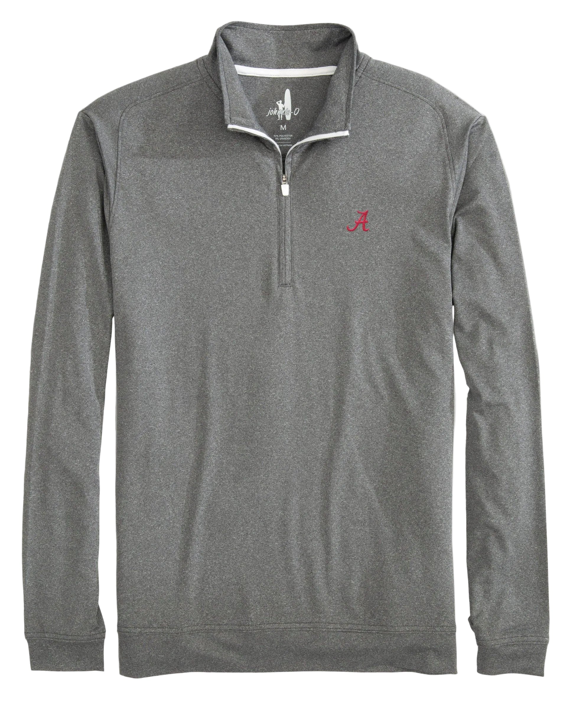 A gray Alabama Flex Performance 1/4 Zip pullover with the Alabama logo embroidered on the left chest and a Johnnie-O logo on the center back yoke.