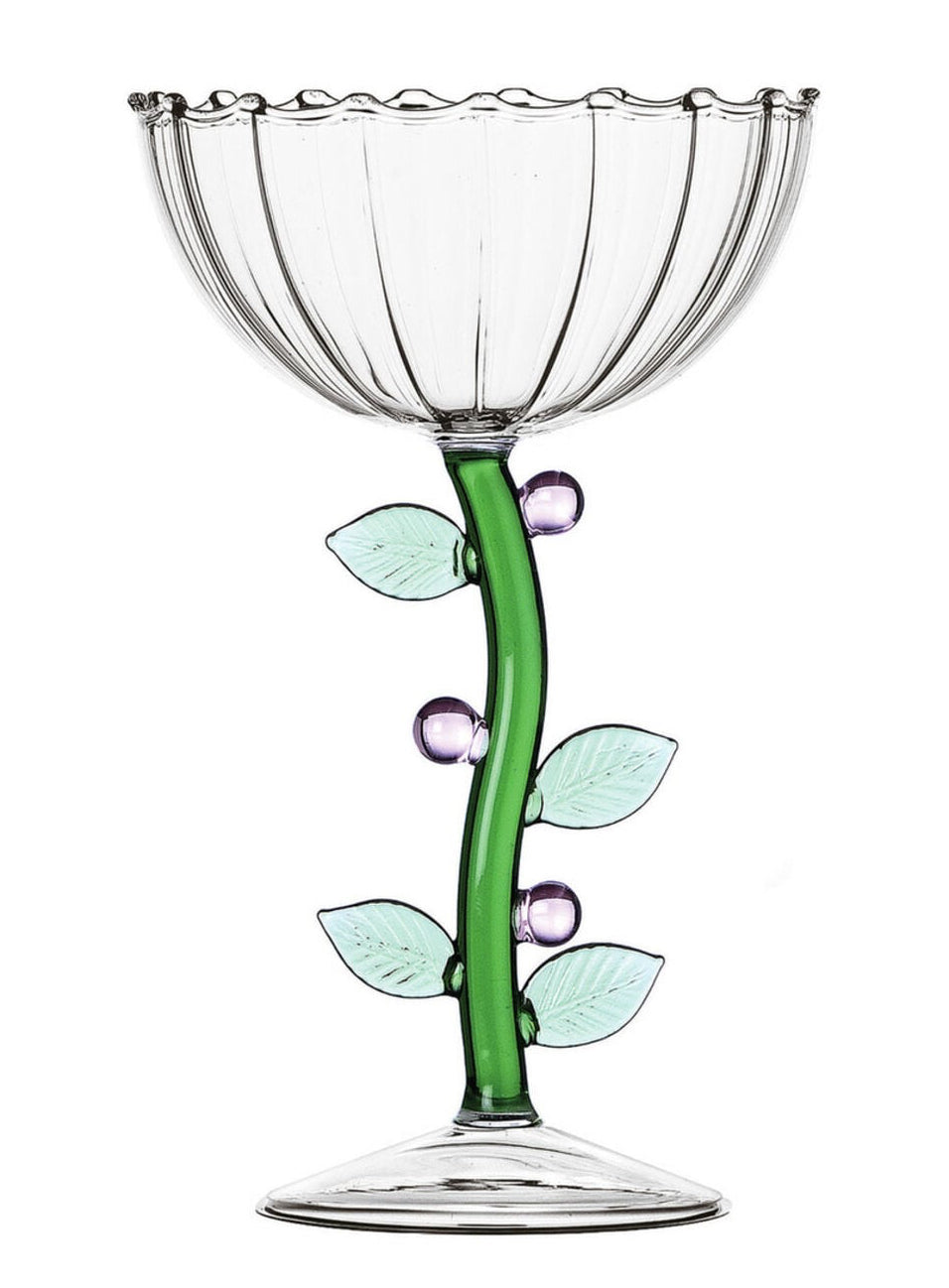 A clear glass pedestal bowl with a fluted rim, featuring a green stem design with light blue-green leaves and small purple glass beads, set against a plain white background.