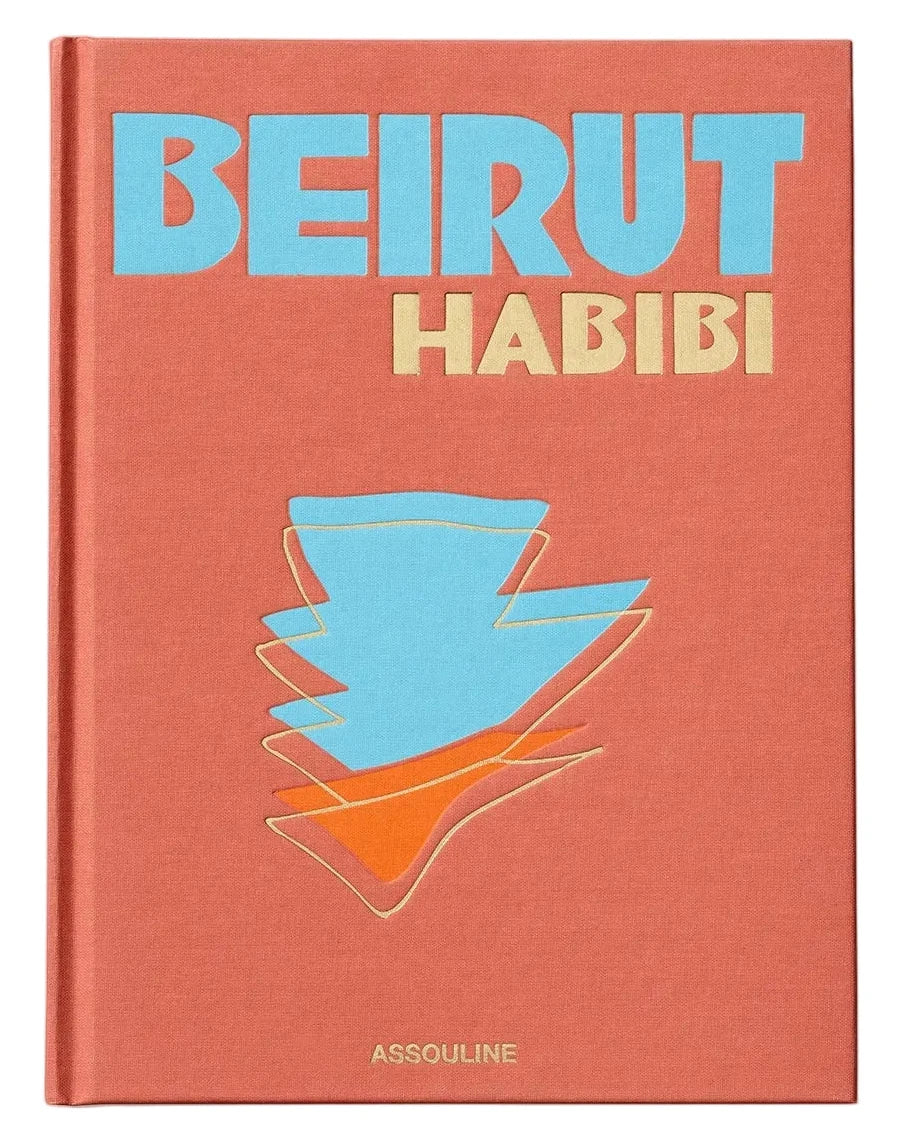 A hardcover book titled 'BEIRUT HABIBI' with a terracotta orange cover, light blue title text, and an orange and blue abstract graphic on the front, photographed against a clean white background.