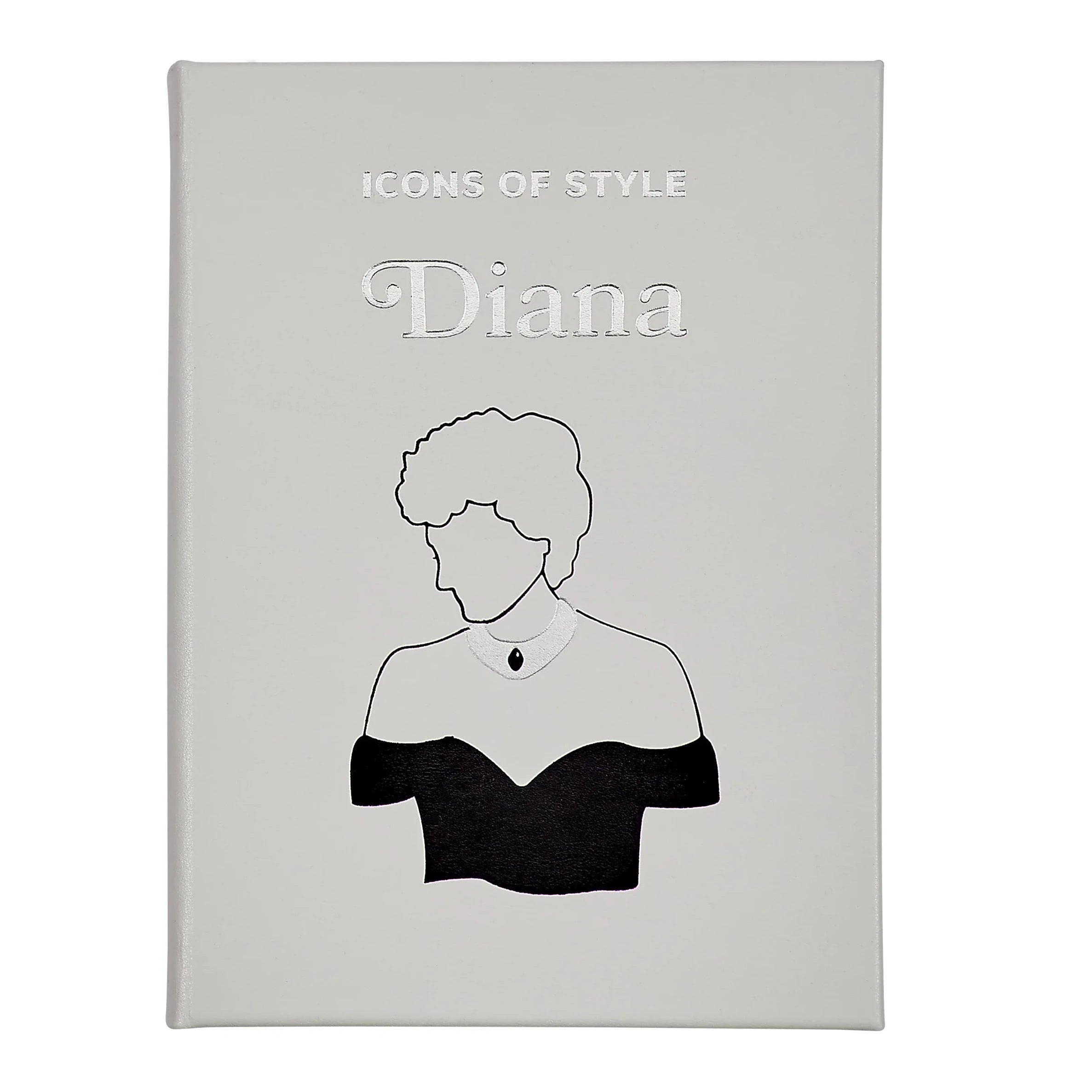 Book titled 'Icons of Style Diana' with a black and white illustration on a gray background