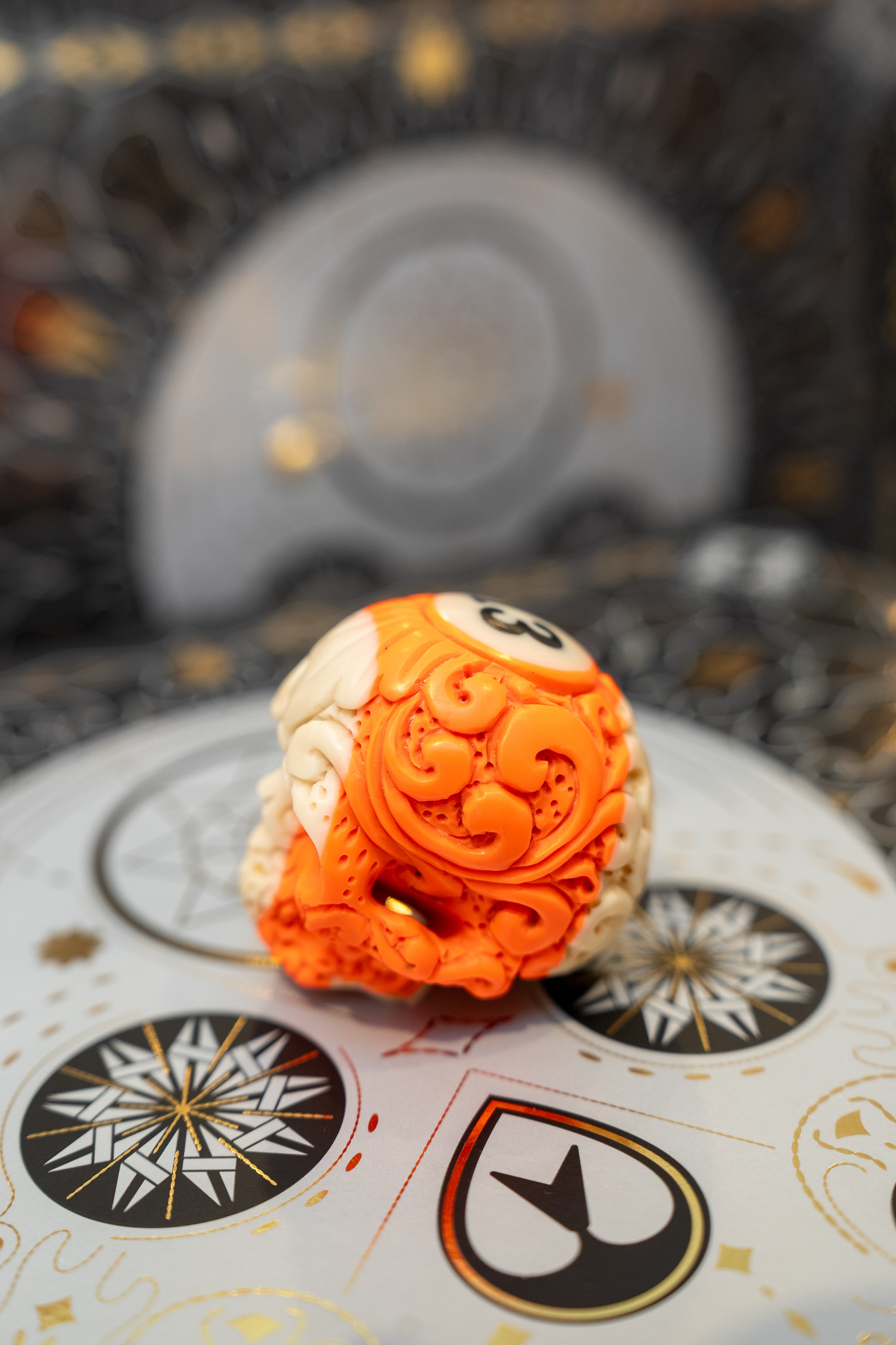 Scroll Pool Ball Carved Skull Orange
