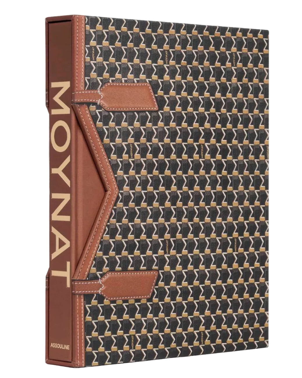 Patterned handbag with brown accents and 'MOYNAT' branding on a white background