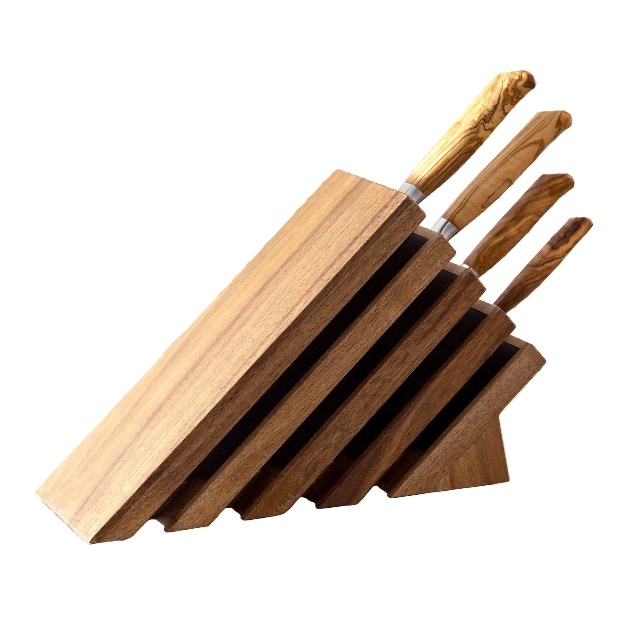 Wooden knife block with knives on a light background