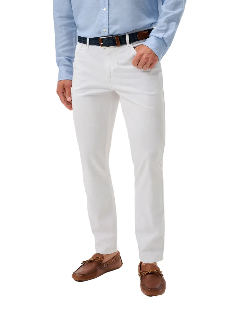 Person wearing a light blue shirt, white pants, and brown shoes on a white background