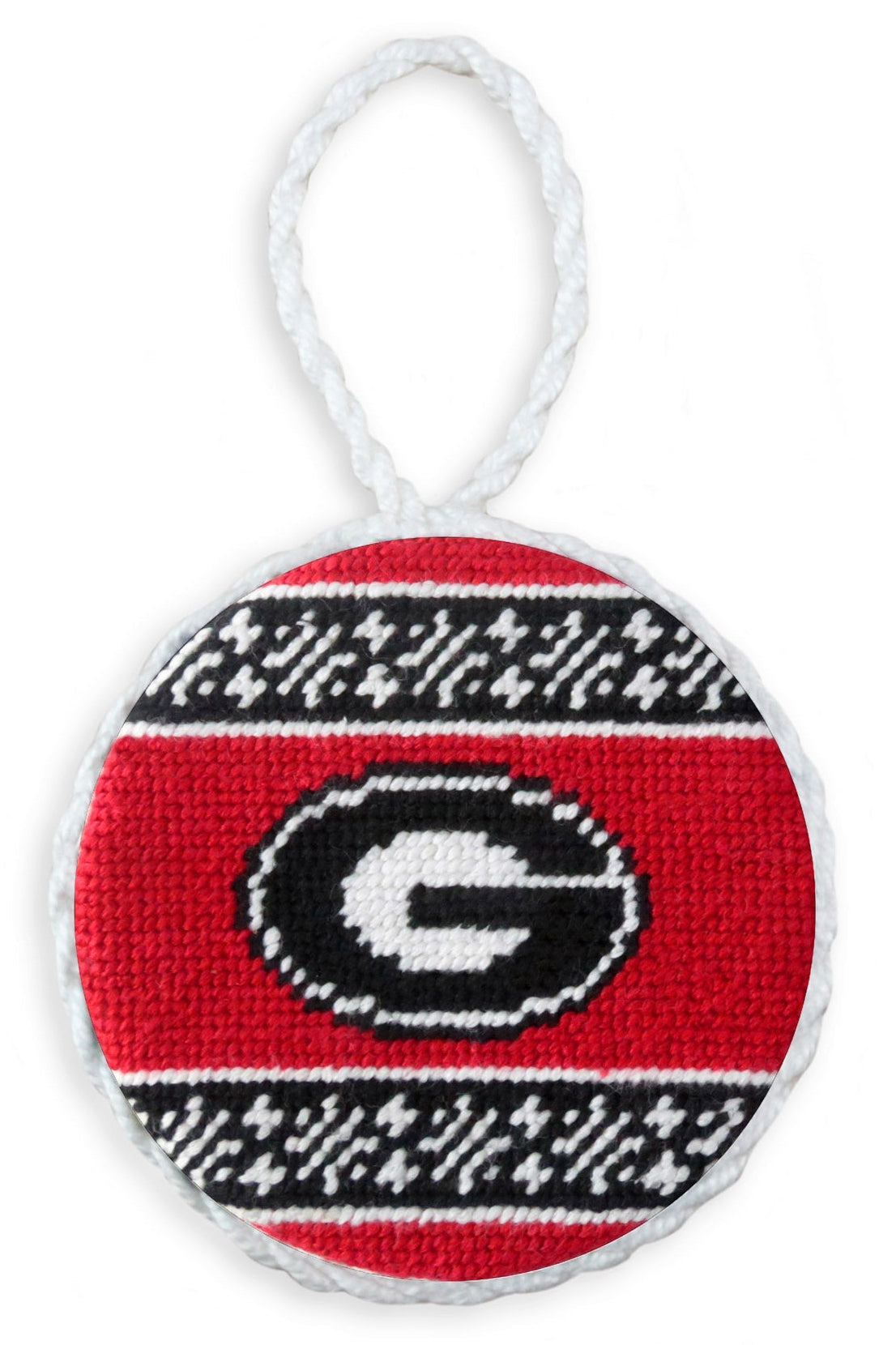 Round needlepoint ornament with a logo on a white background