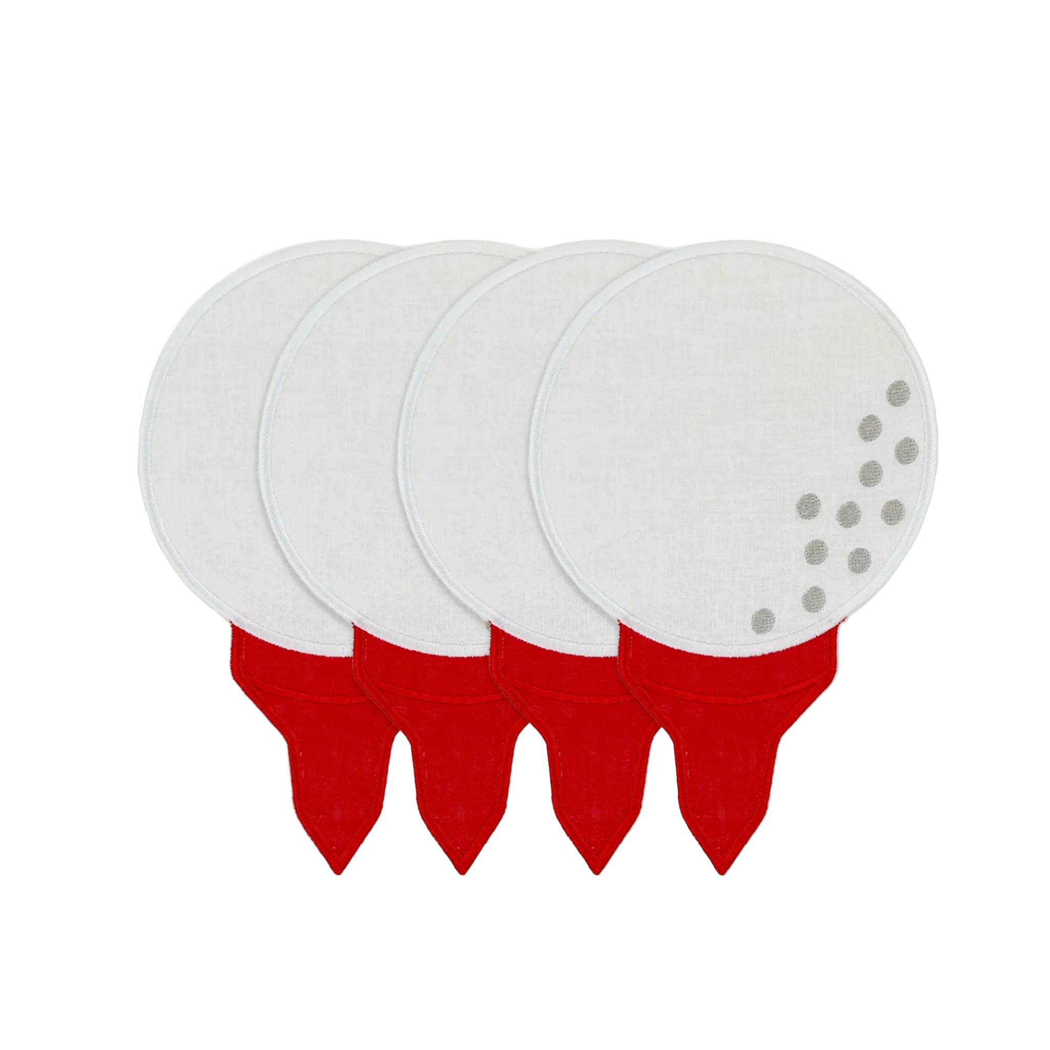 Four white golf tee cocktail napkins with red tees on a white background