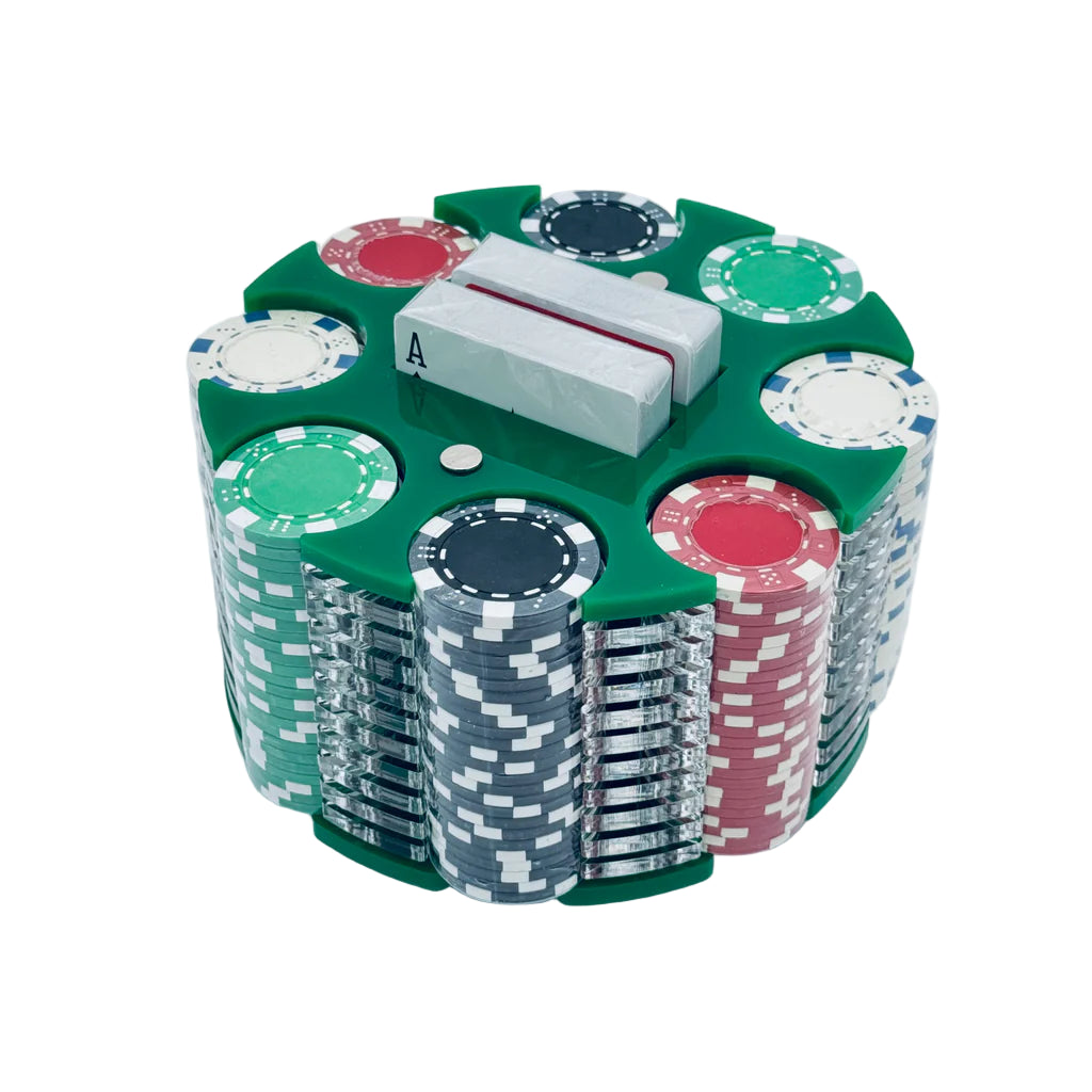 Luxe Green Poker Chips and Cards Display