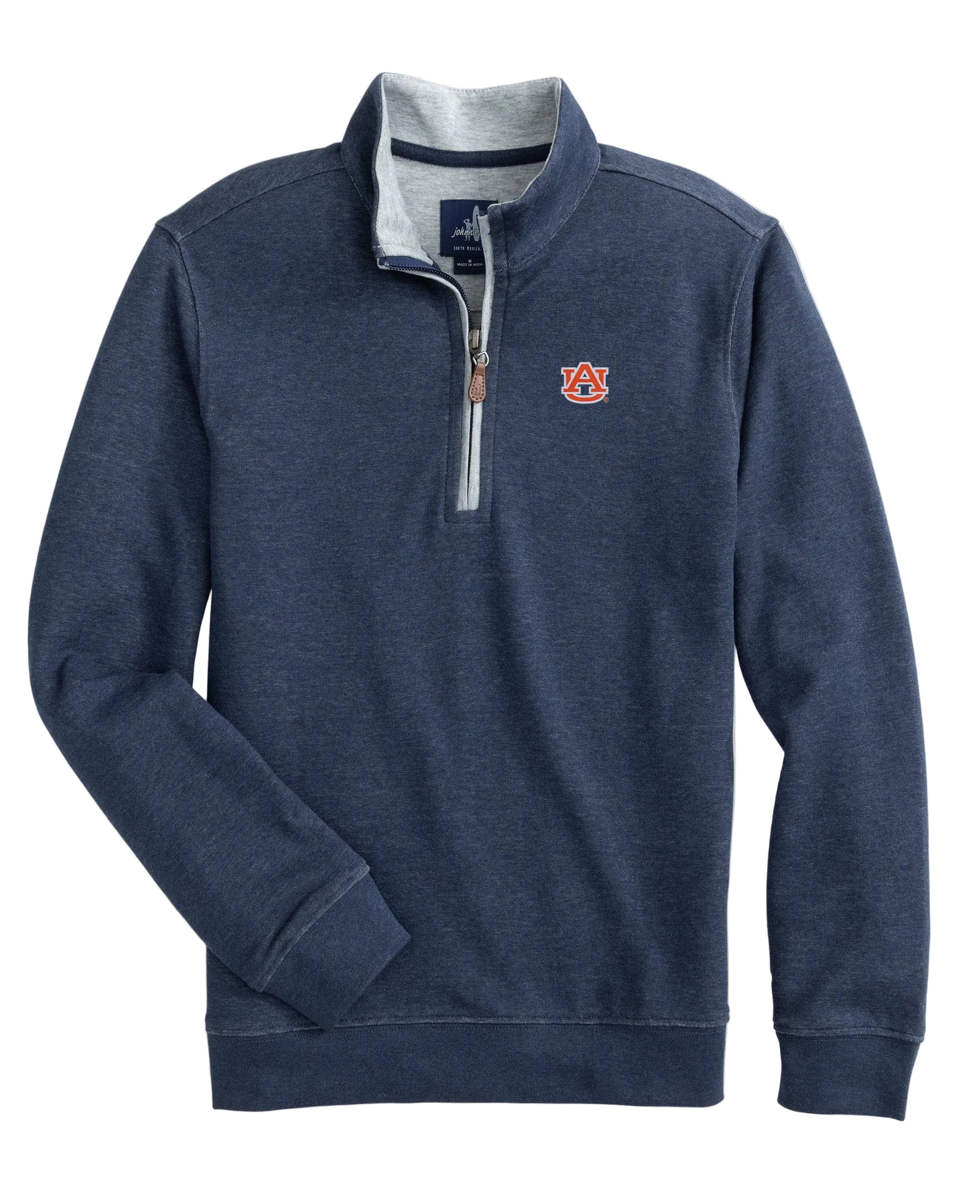 A boys' long-sleeved quarter-zip pullover in auburn color with a leather puller, embroidered logo at the center back yoke, and a banded bottom.