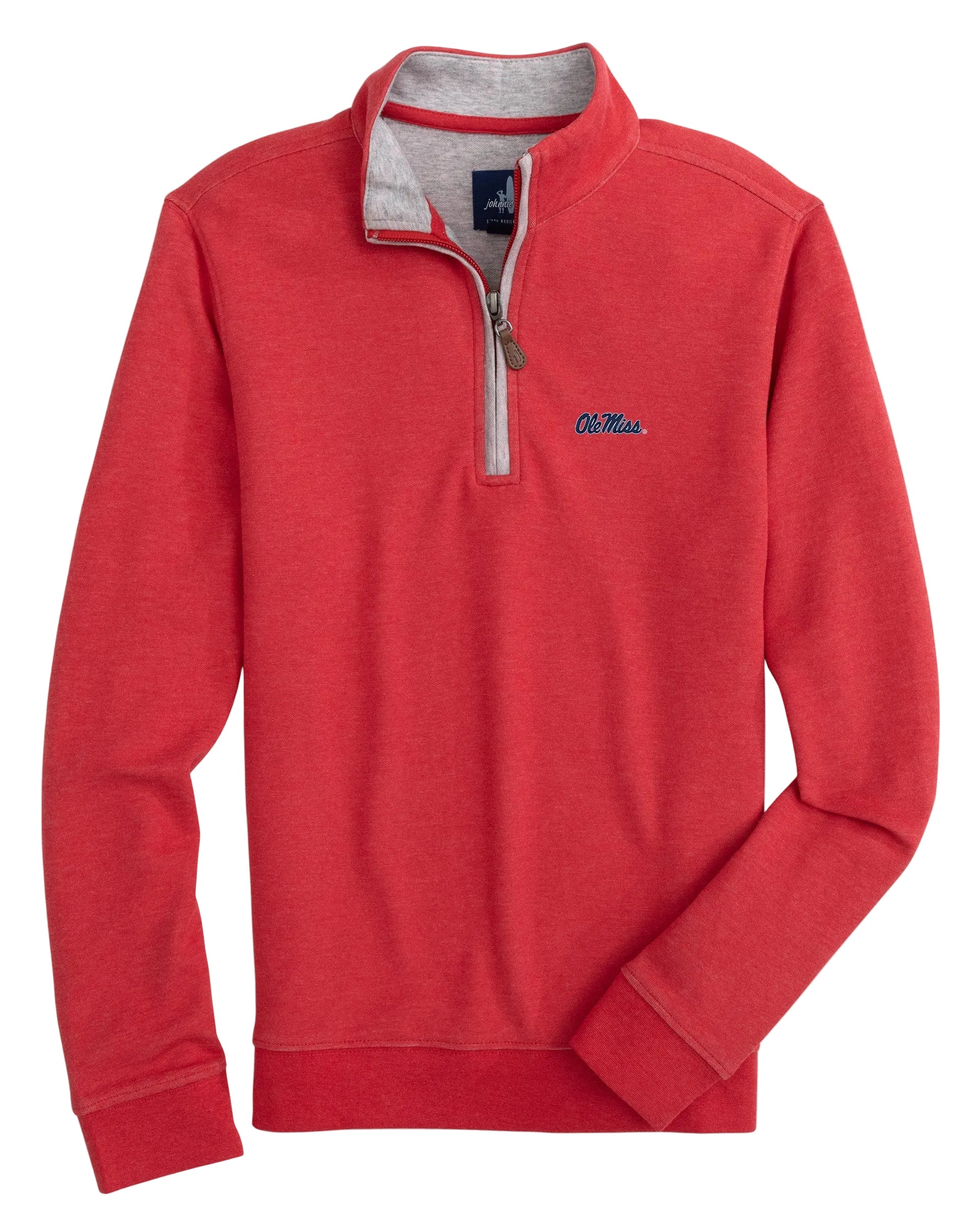 A red Ole Miss Sully Jr. 1/4 zip pullover with a signature leather puller, displayed on a plain background.
