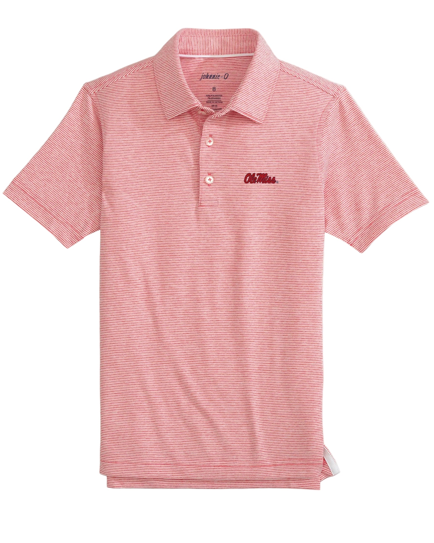 A pink polo shirt with a collar, button-up neck, and short sleeves.
