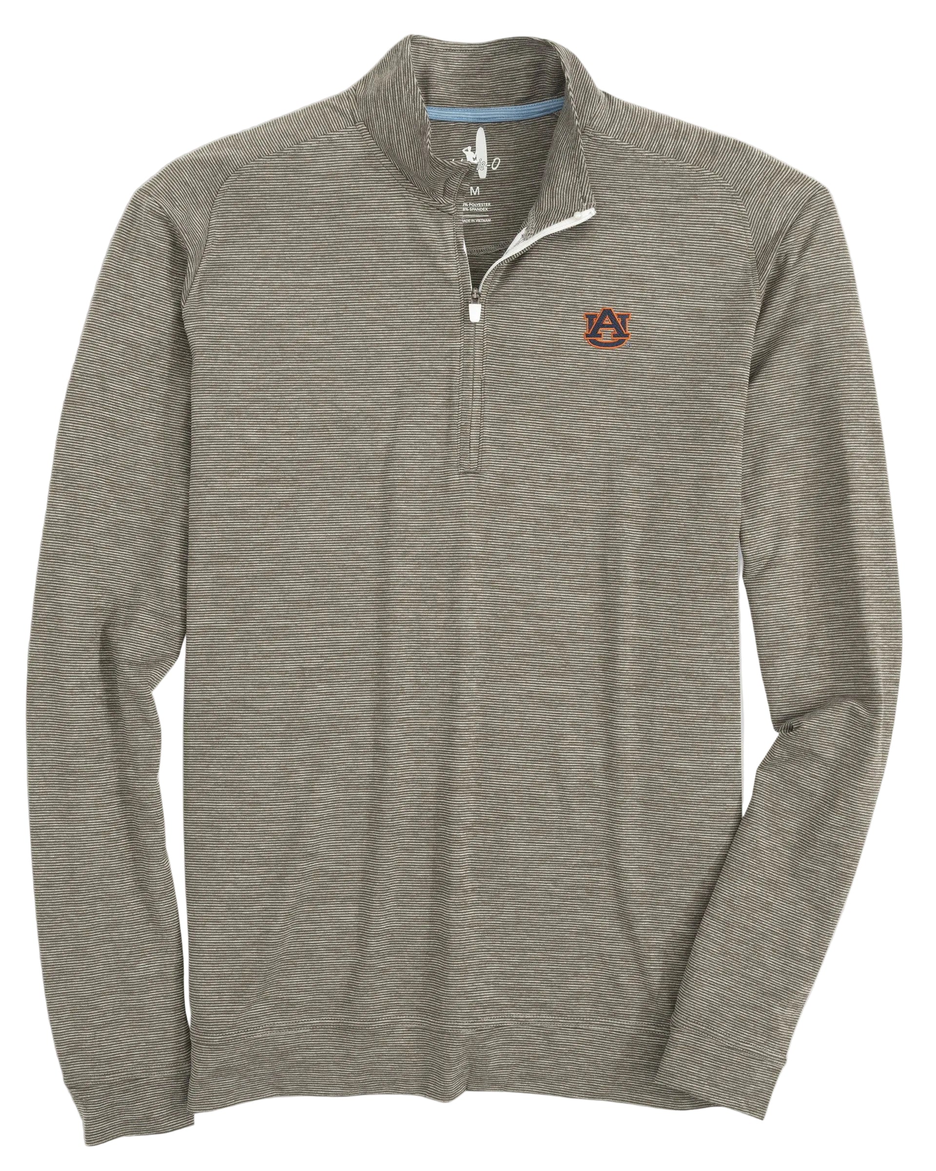 A quarter-zip performance polo with a subtle tonal stripe and contrasting logo on the chest.