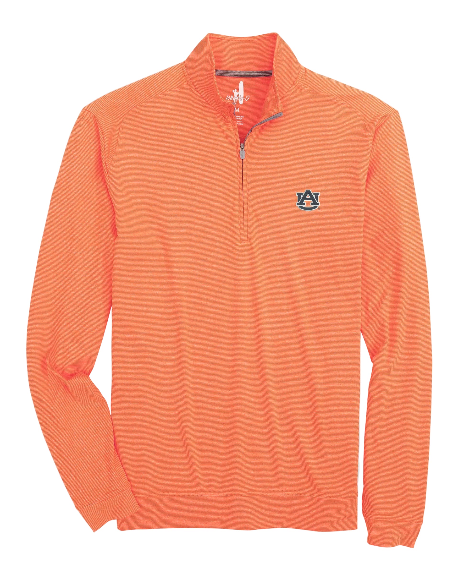 An orange Auburn Vaughn Striped Performance 1/4 Zip polo shirt with a subtle tonal stripe and contrast placket.