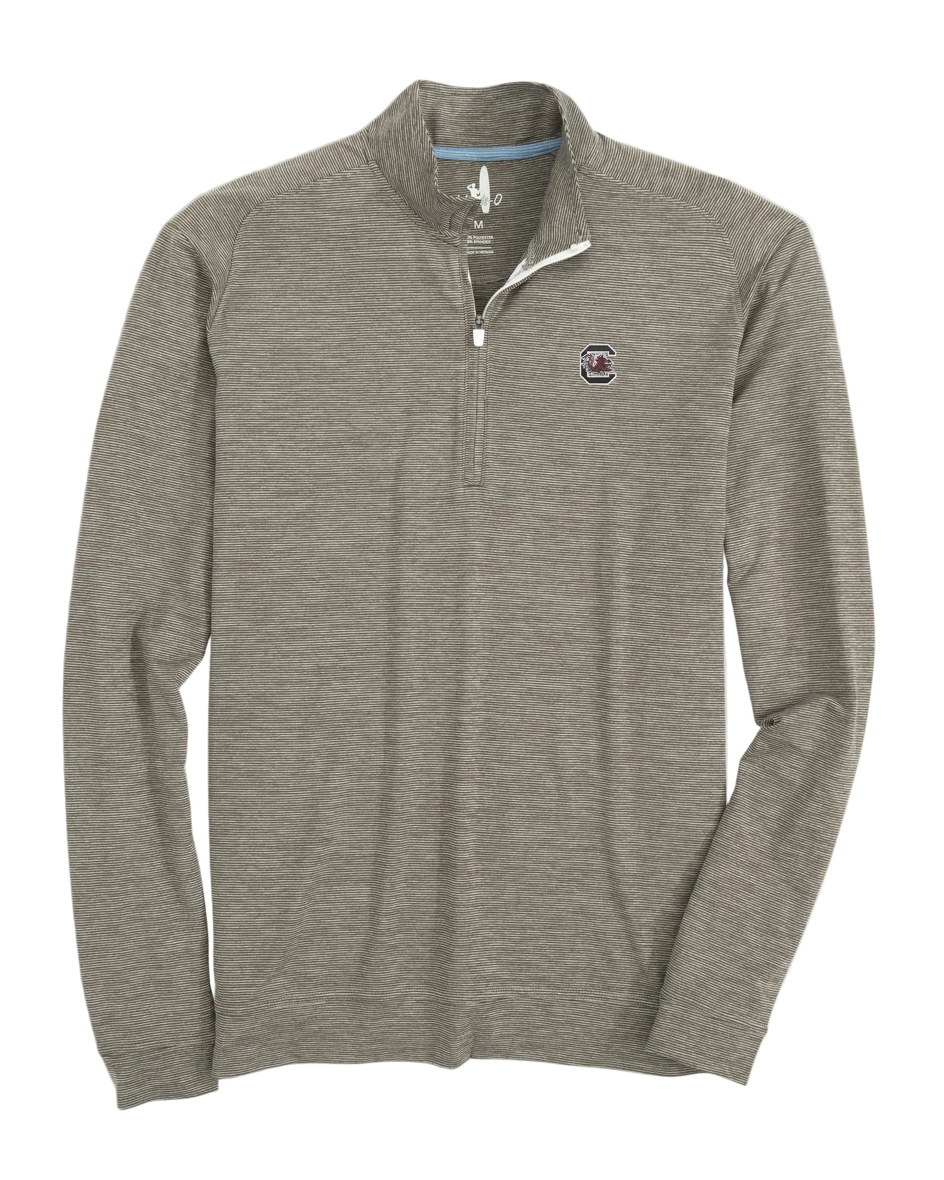A light gray South Carolina Vaughn striped performance 1/4 zip polo shirt with a mock neckline and short sleeves.
