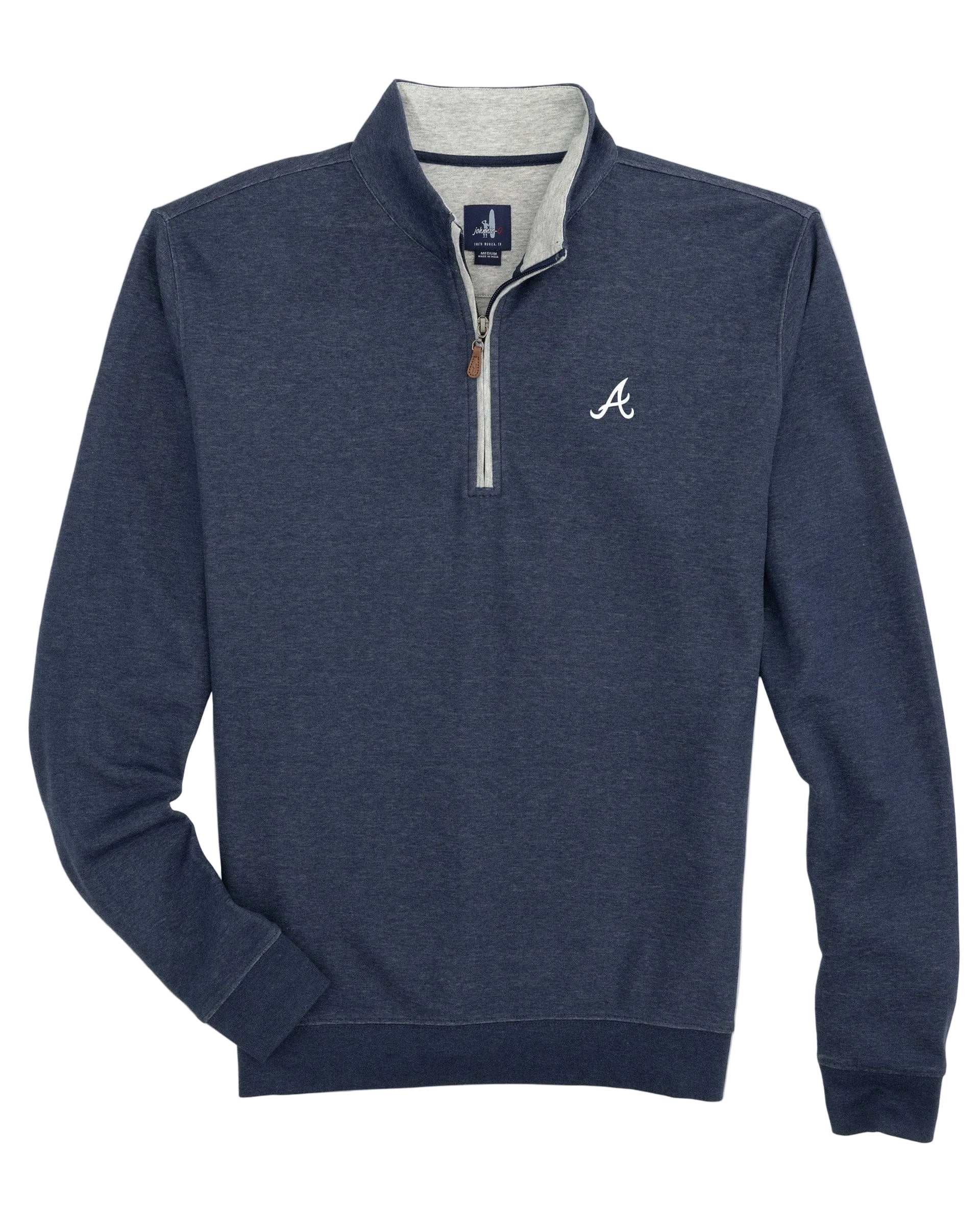 A navy blue quarter zip pullover with a contrasting white collar, a leather puller, and an embroidered logo on the back yoke.