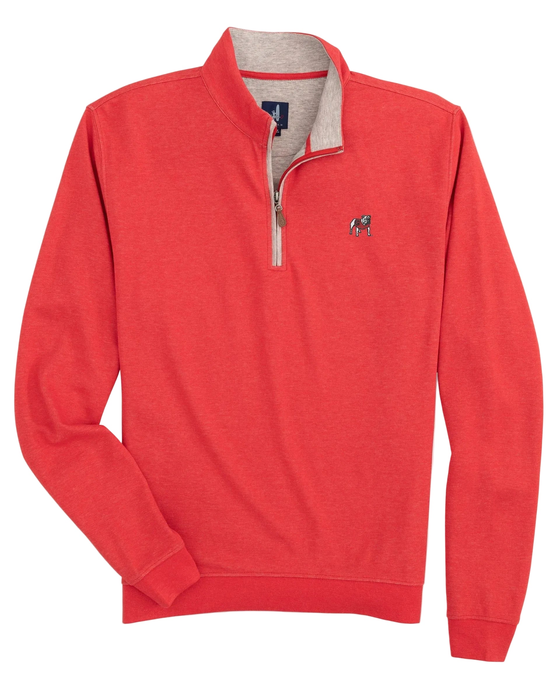 A red colored, 55% cotton and 40% modal blend 1/4 zip pullover with an embroidered university of georgia logo on the left chest and a tonal embroidered johnnie-O logo on the center back yoke.