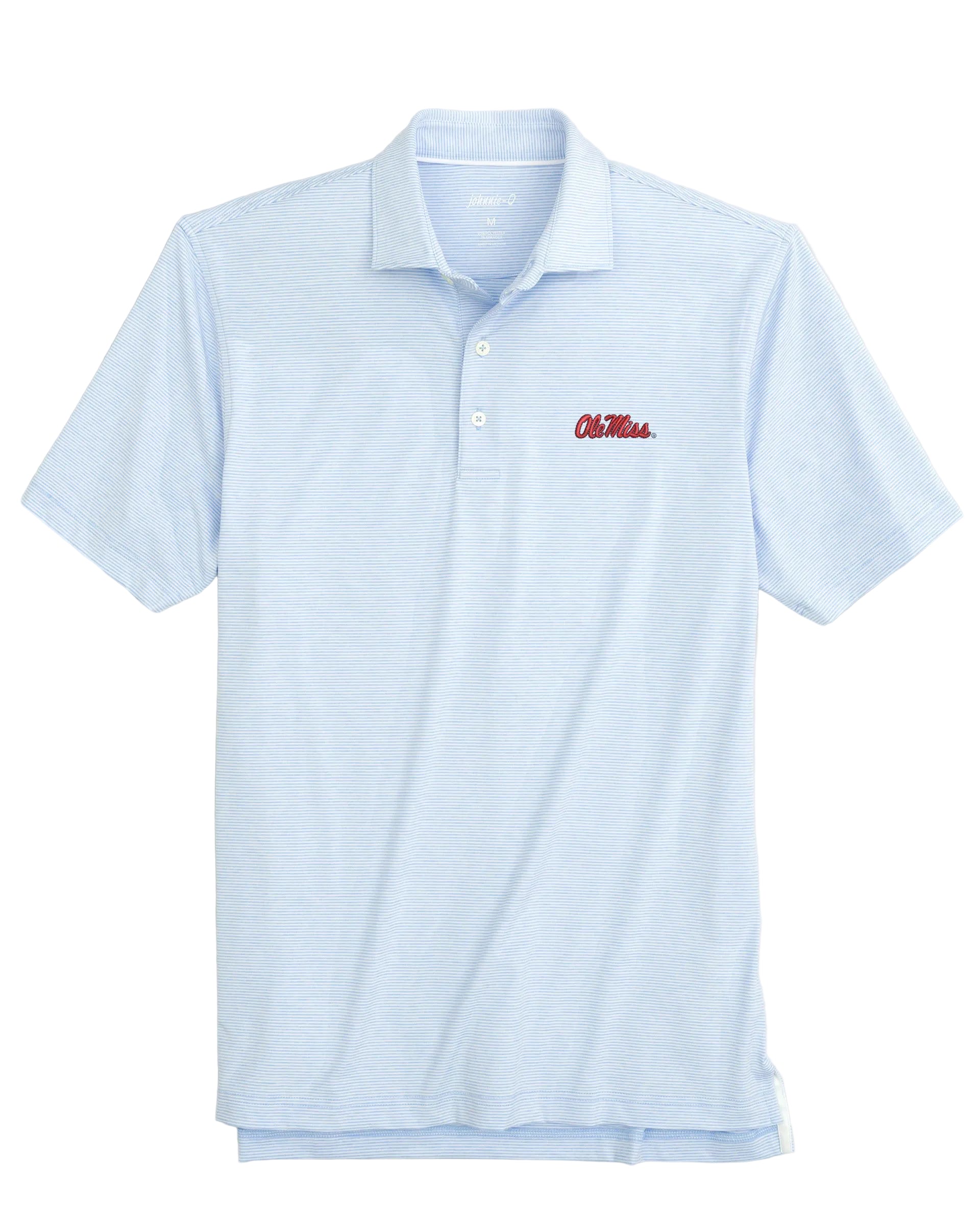 Light blue polo shirt with a red logo on a light gray background