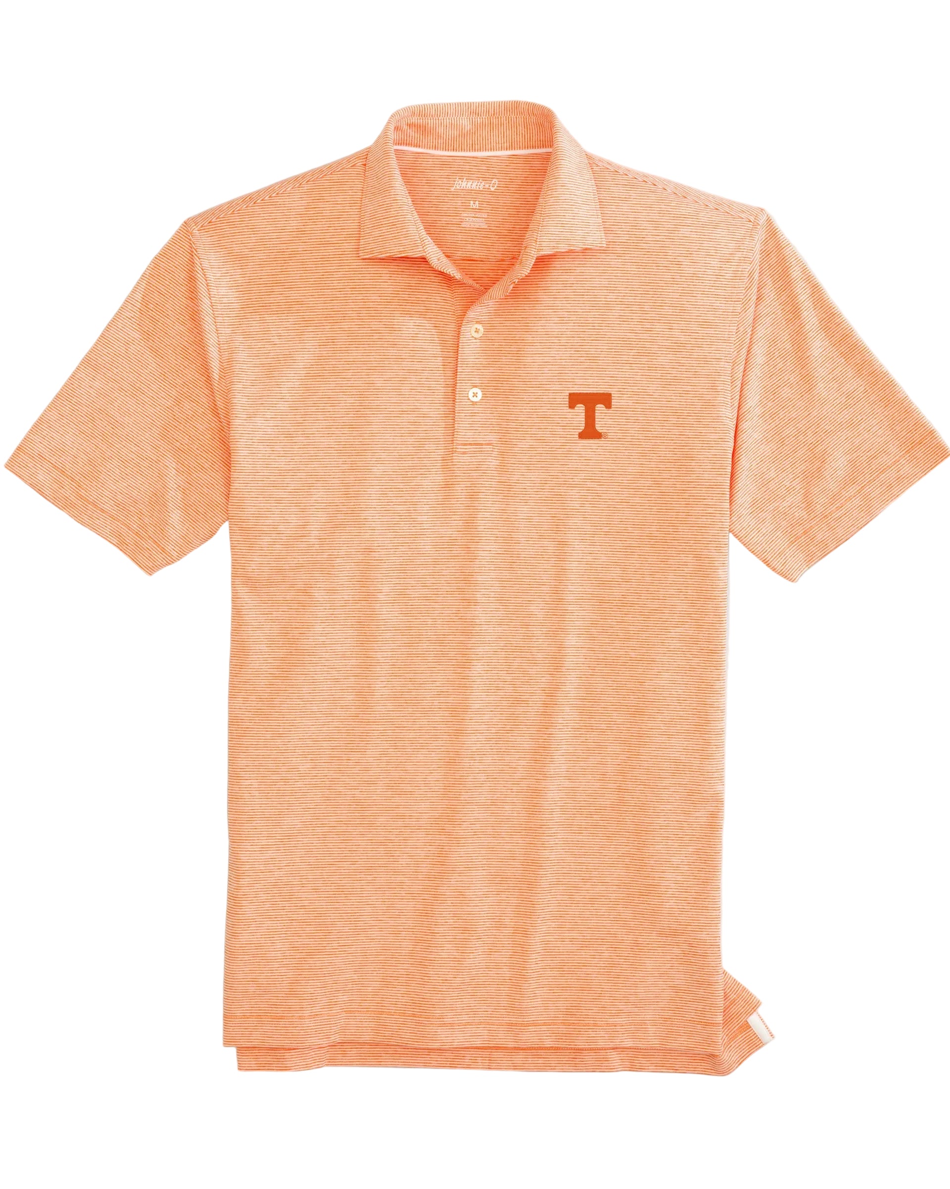 Orange polo shirt with a logo on a light gray background
