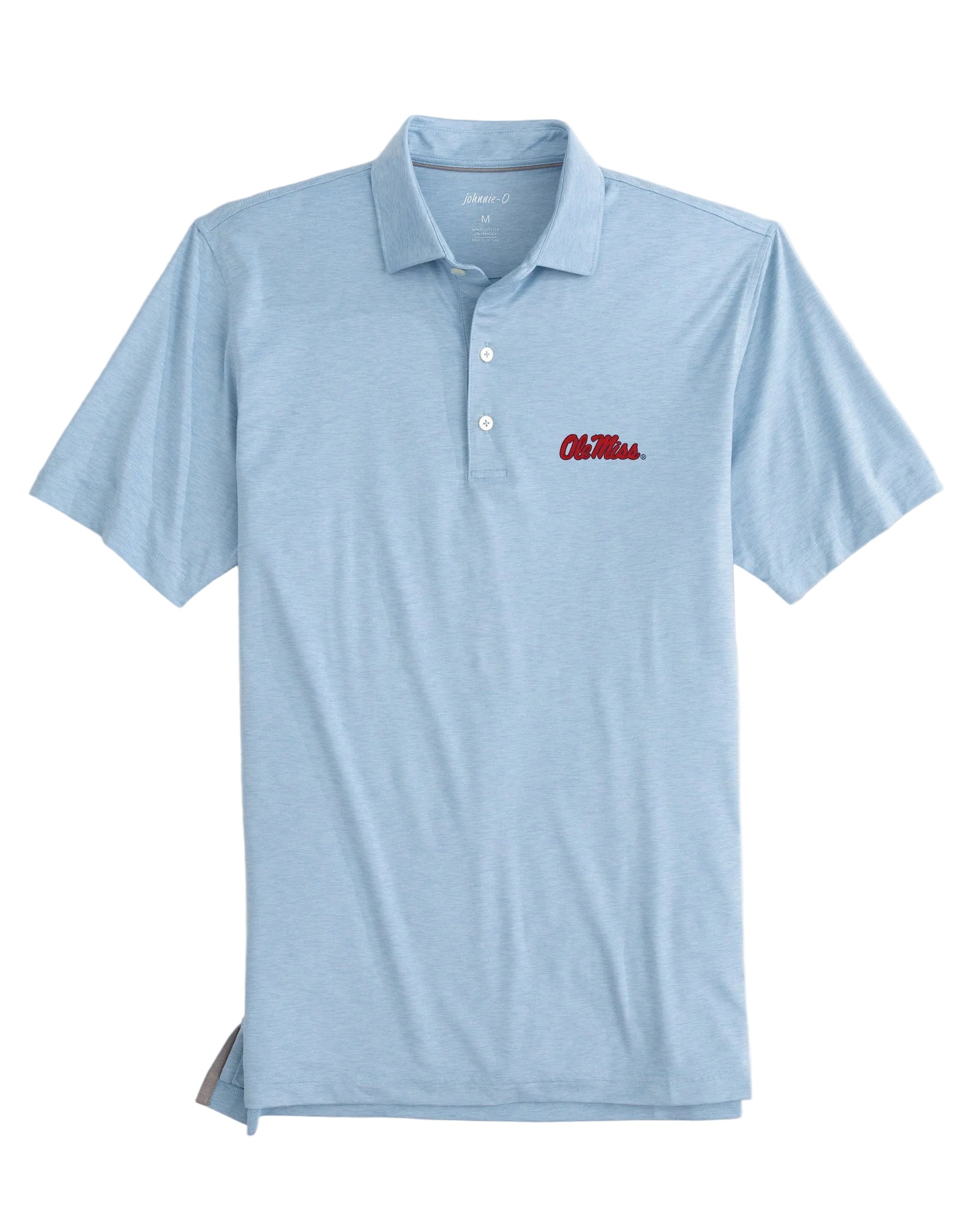 A light blue performance polo shirt with a embroidered logo at the back neck, featuring a collar, short sleeves, and a button-up front.