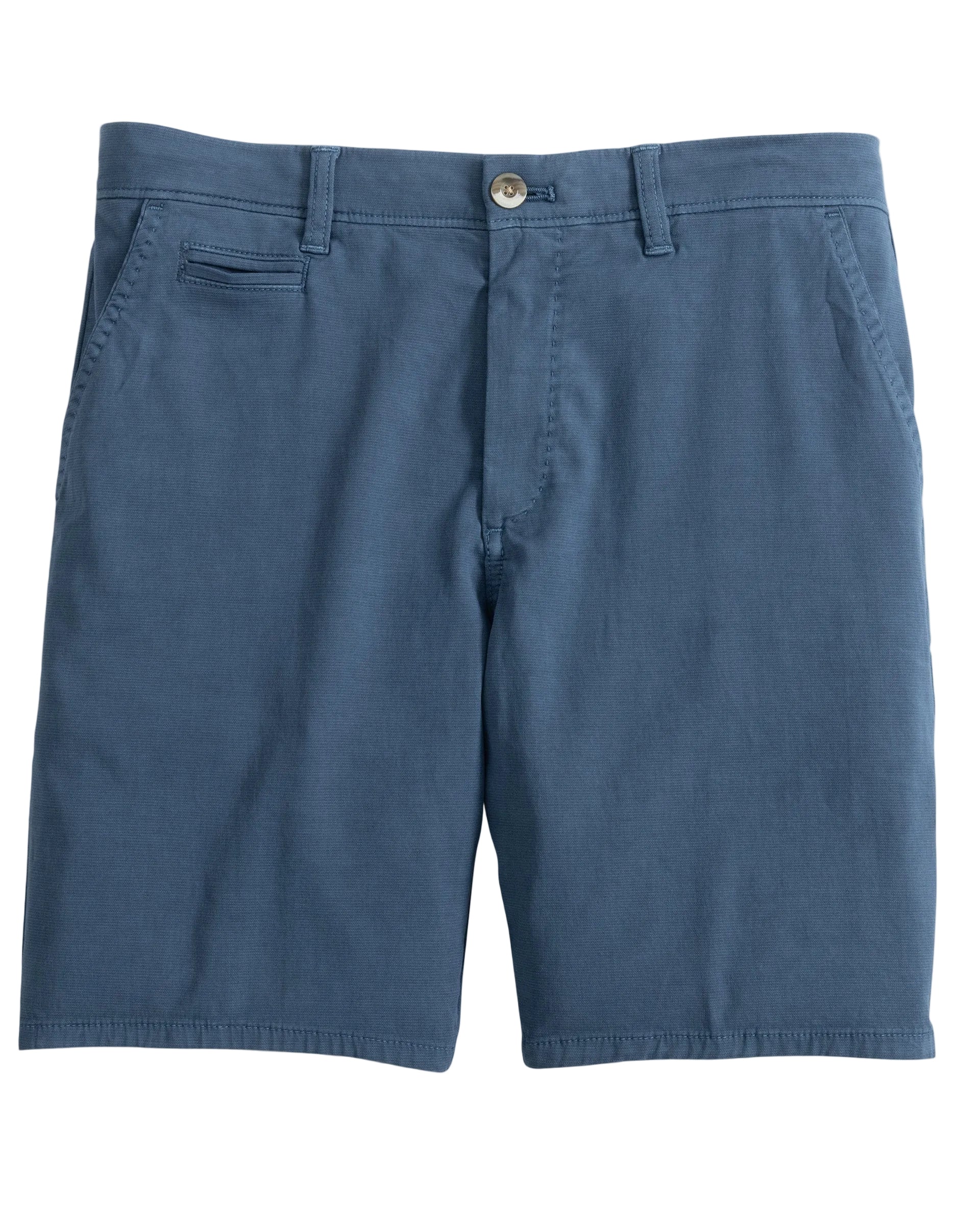 A pair of blue cotton blend shorts with a flat front, side pockets, and a button fly closure.