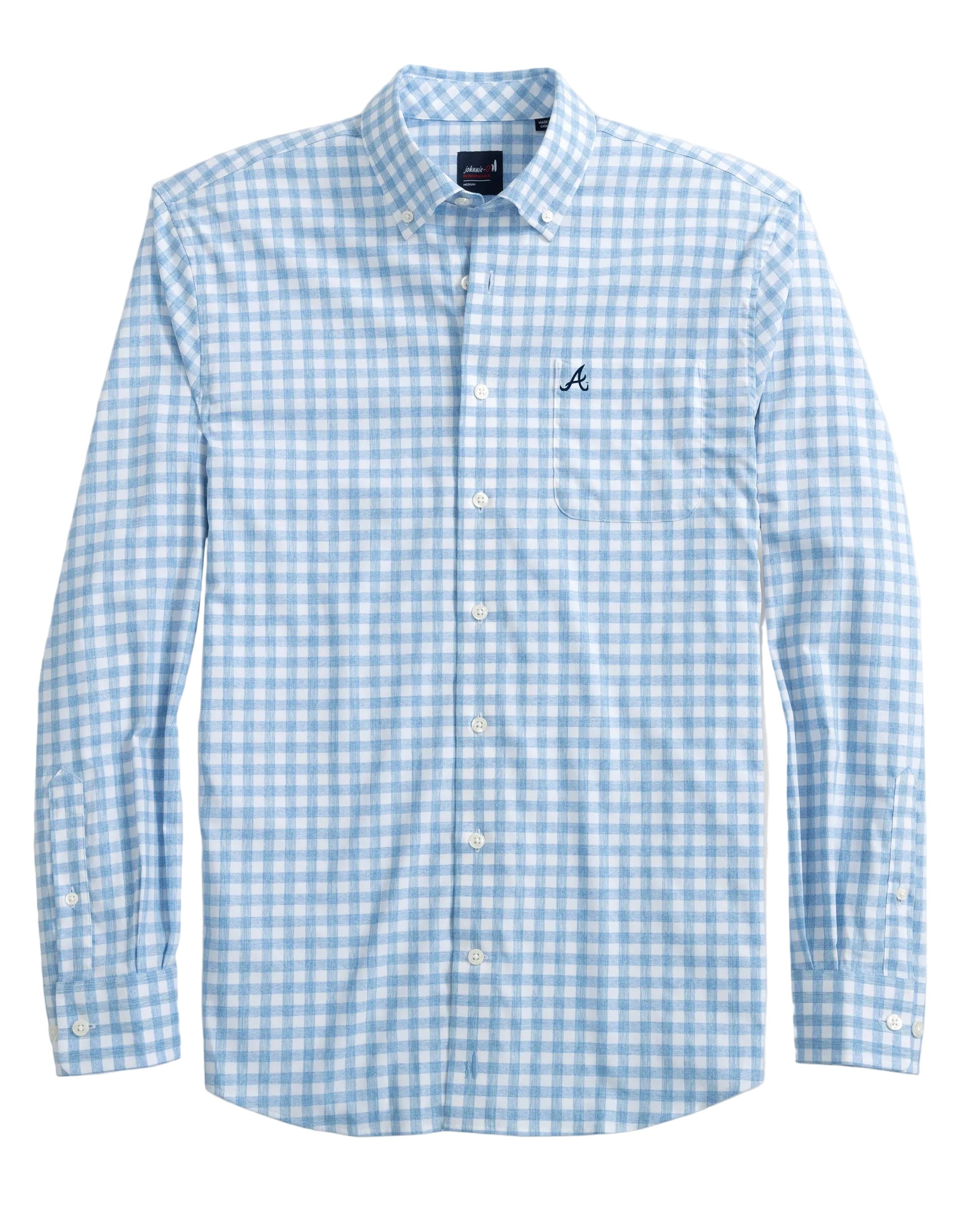 A blue checkered button-up shirt with short sleeves, featuring a small Atlanta Braves logo on the chest.