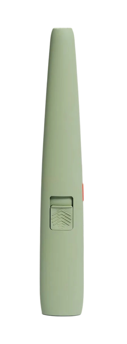 A slim, light sage green vape pen standing vertically against a clean white background.