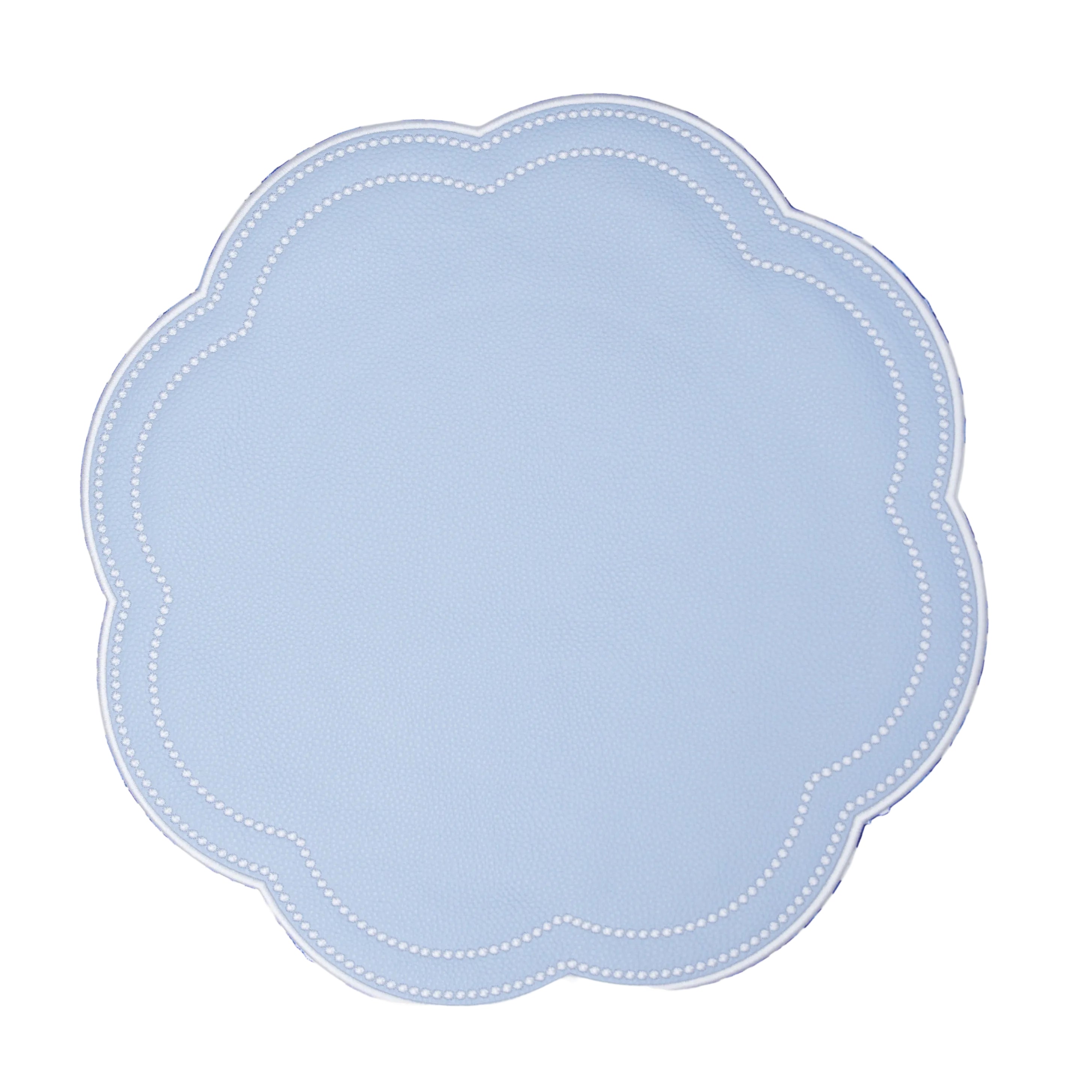 Decorative blue and white patterned fabric with a central light blue circle
