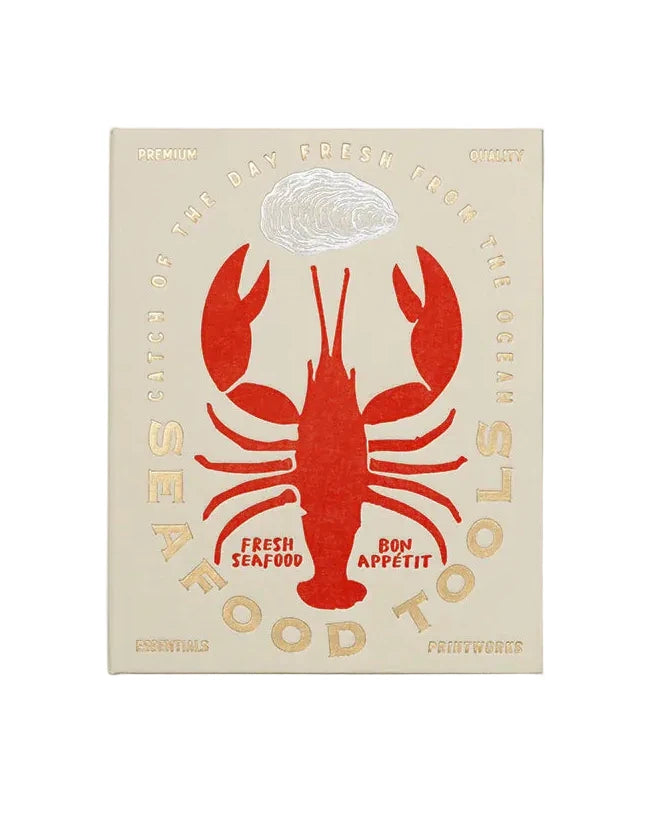 Box with red lobster design on a beige background