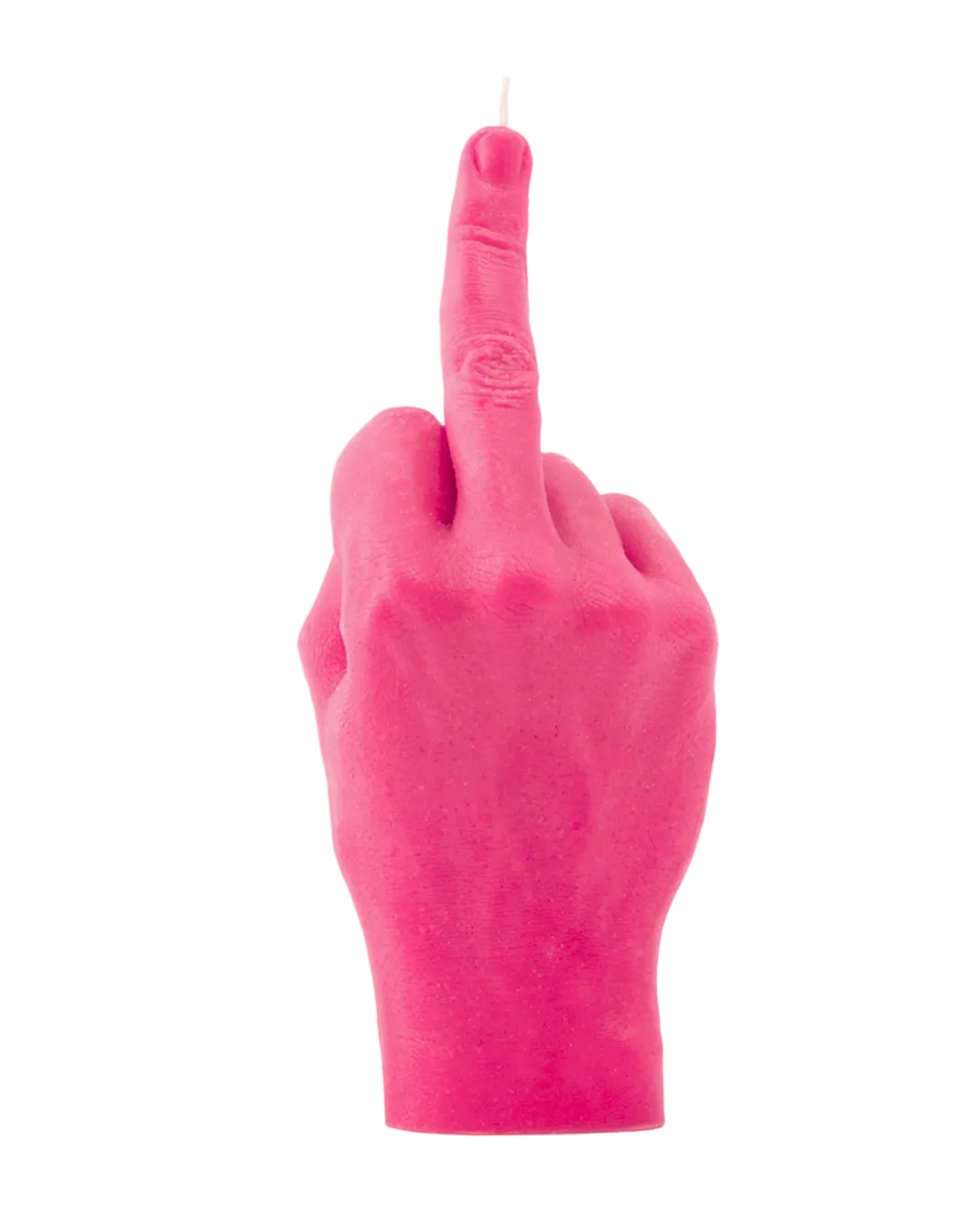 A pink candle in the shape of a hand making a finger gesture.