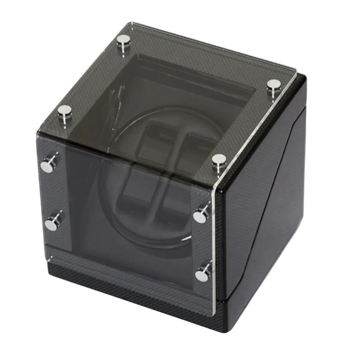 Black carbon fiber watch winder on a white background