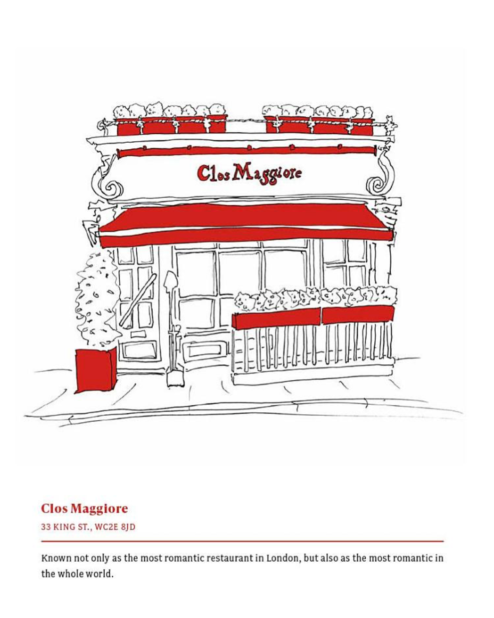 Illustration of Clos Maggiore restaurant with red awning and decorative elements.