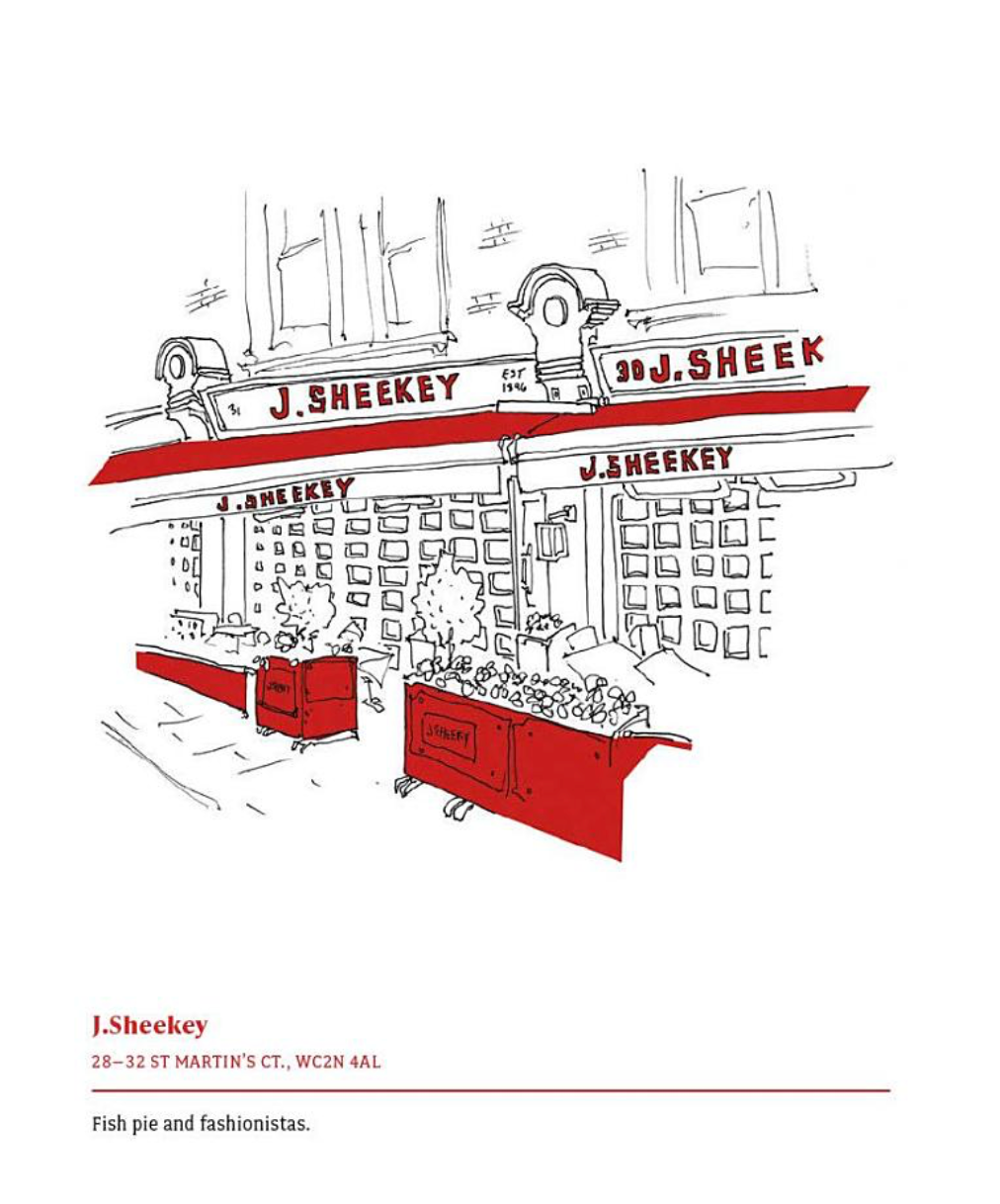 Illustration of a restaurant named J. Sheekey with red and white colors.