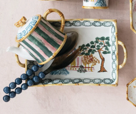 Stoneware Baker with Bamboo Style Edge & Handles