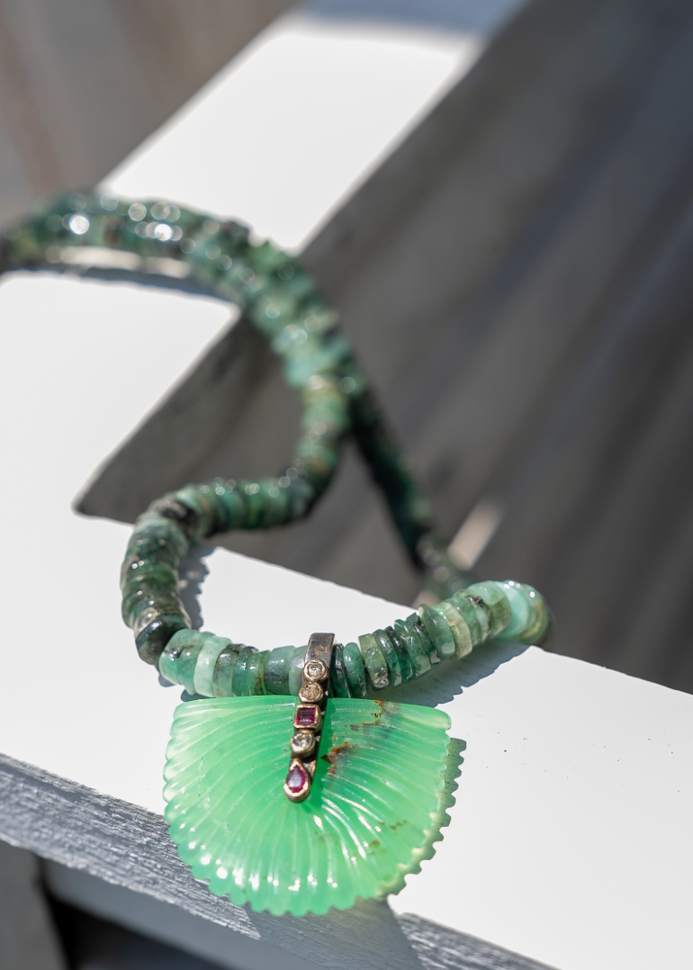 GRANDIDERITE BEADS, CHRYSOPRASE FAN W/RUBIES, DIAMONDS AND 10K GOLD