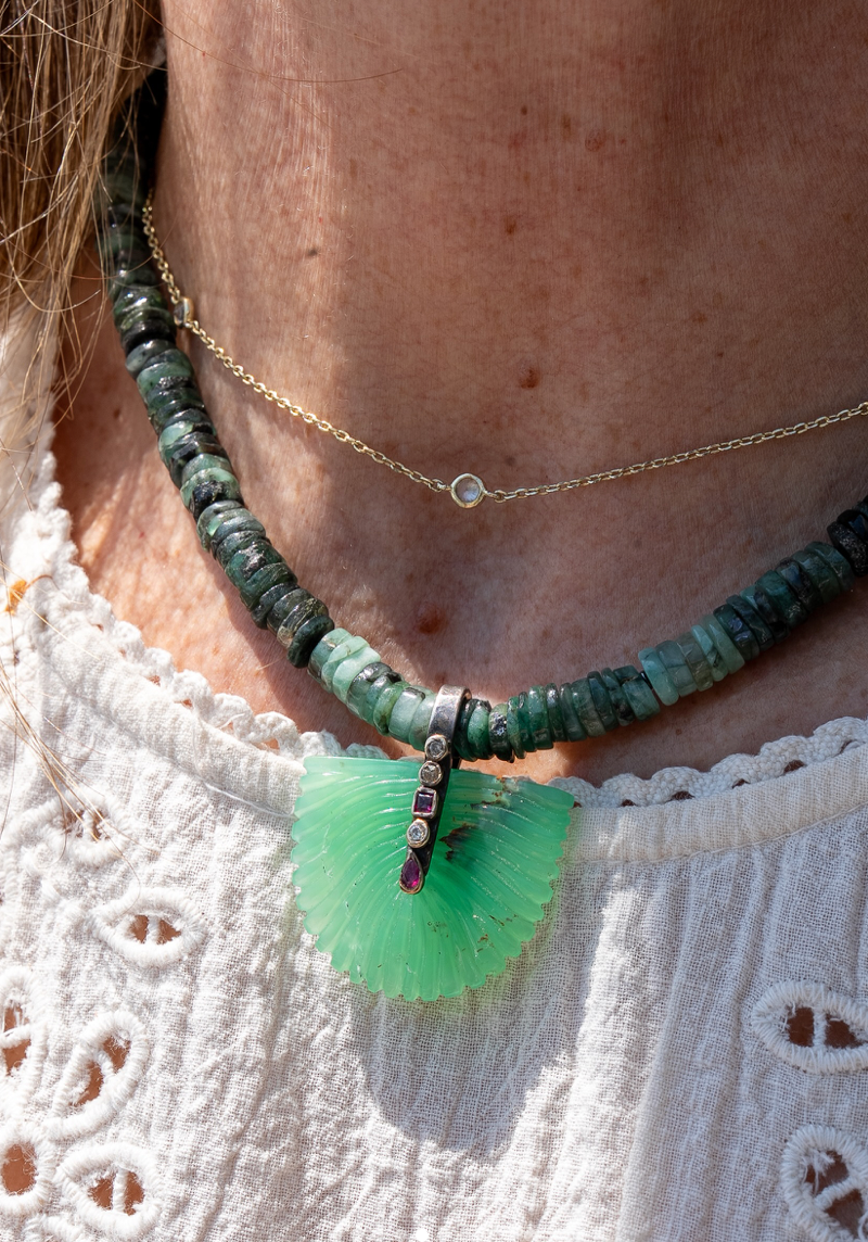 GRANDIDERITE BEADS, CHRYSOPRASE FAN W/RUBIES, DIAMONDS AND 10K GOLD