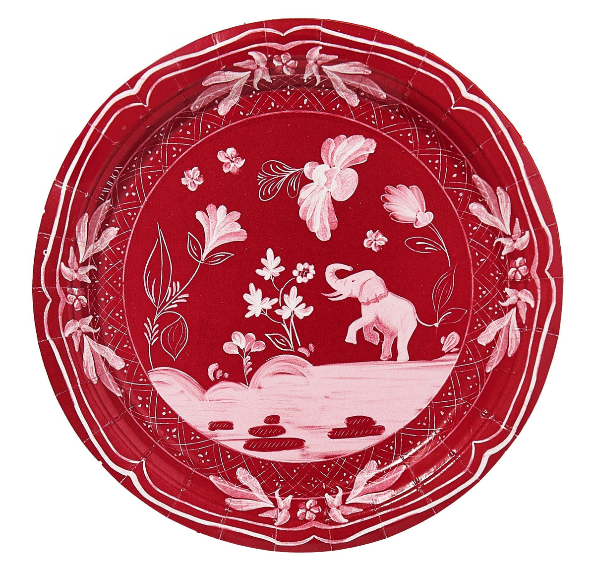 Decorative red plate with white floral and elephant design on a white background
