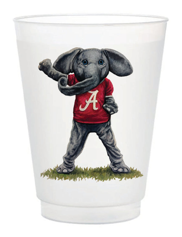 Clear plastic cup with a cartoon elephant wearing a red shirt with a white 'A' on a white background
